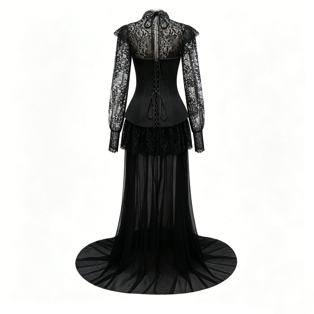 Michalina Black Lace Convertible Gown with Long Sleeves