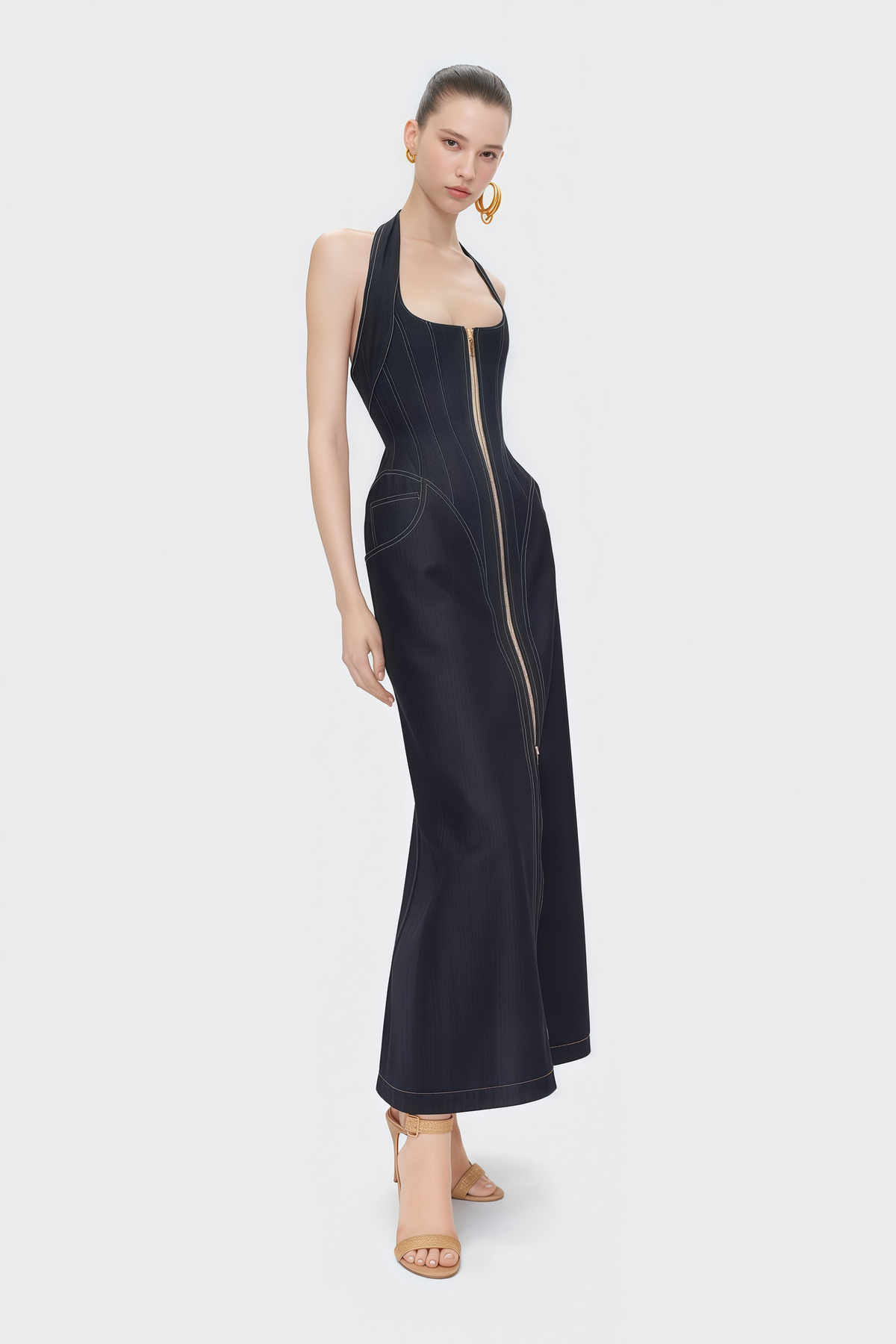 Adrienne black denim front-slit contrast-stitching maxi dress