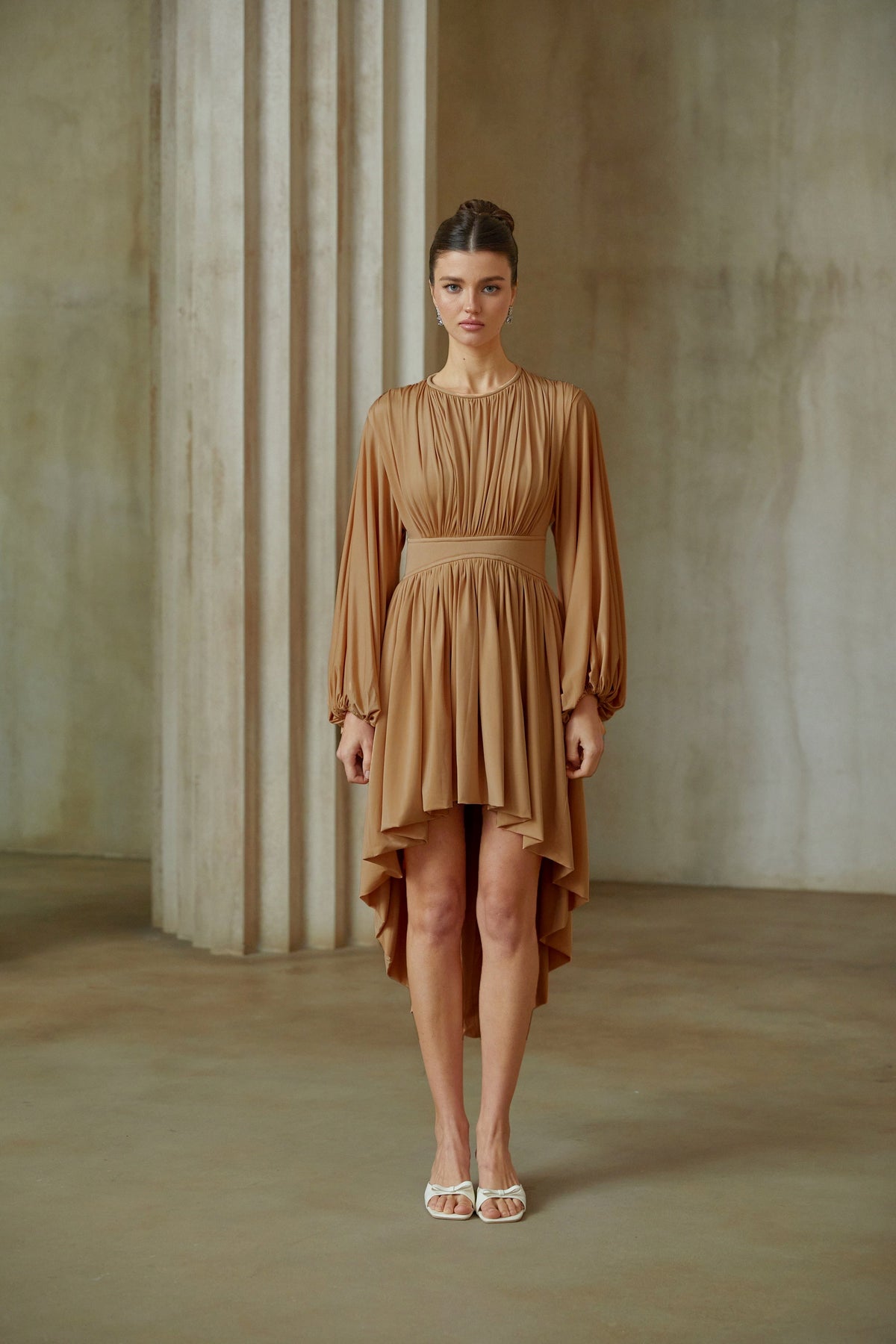 Kenza Pink Asymmetrical Pleated Midi Dress