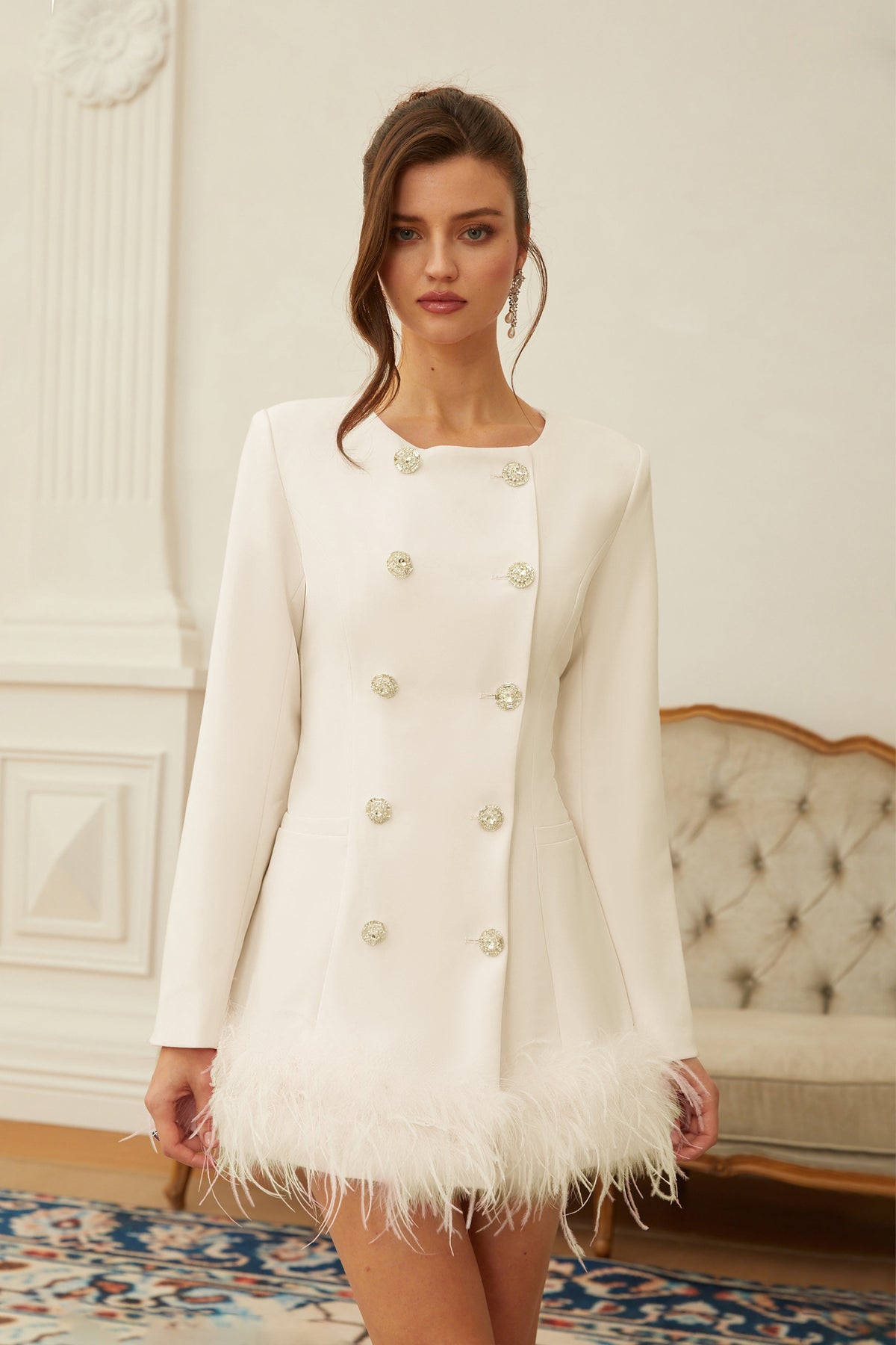Freja White Feather Trim Mini Blazer Dress