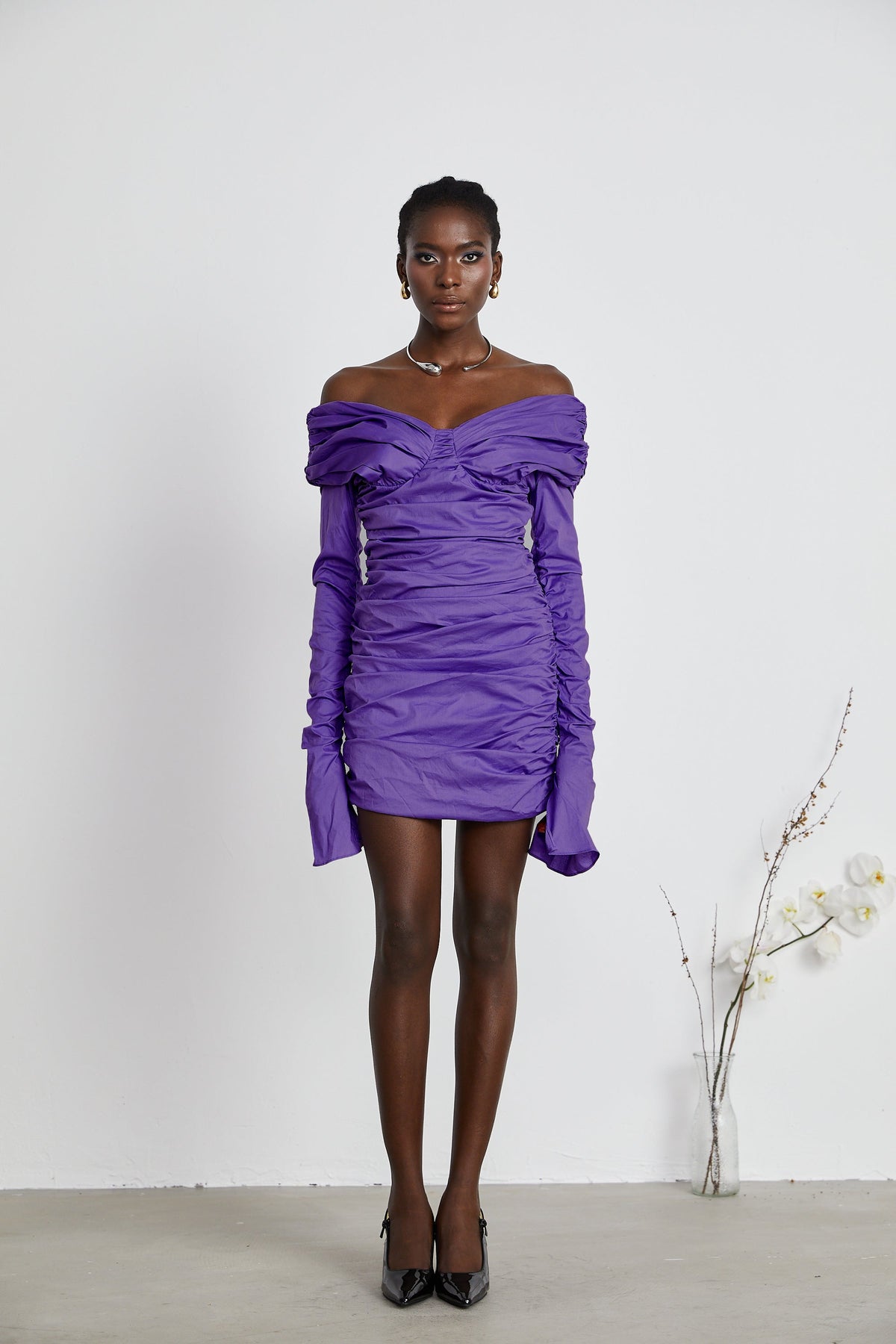 Apolline purple off-shoulder ruched mini dress (Final Sale-US Only)