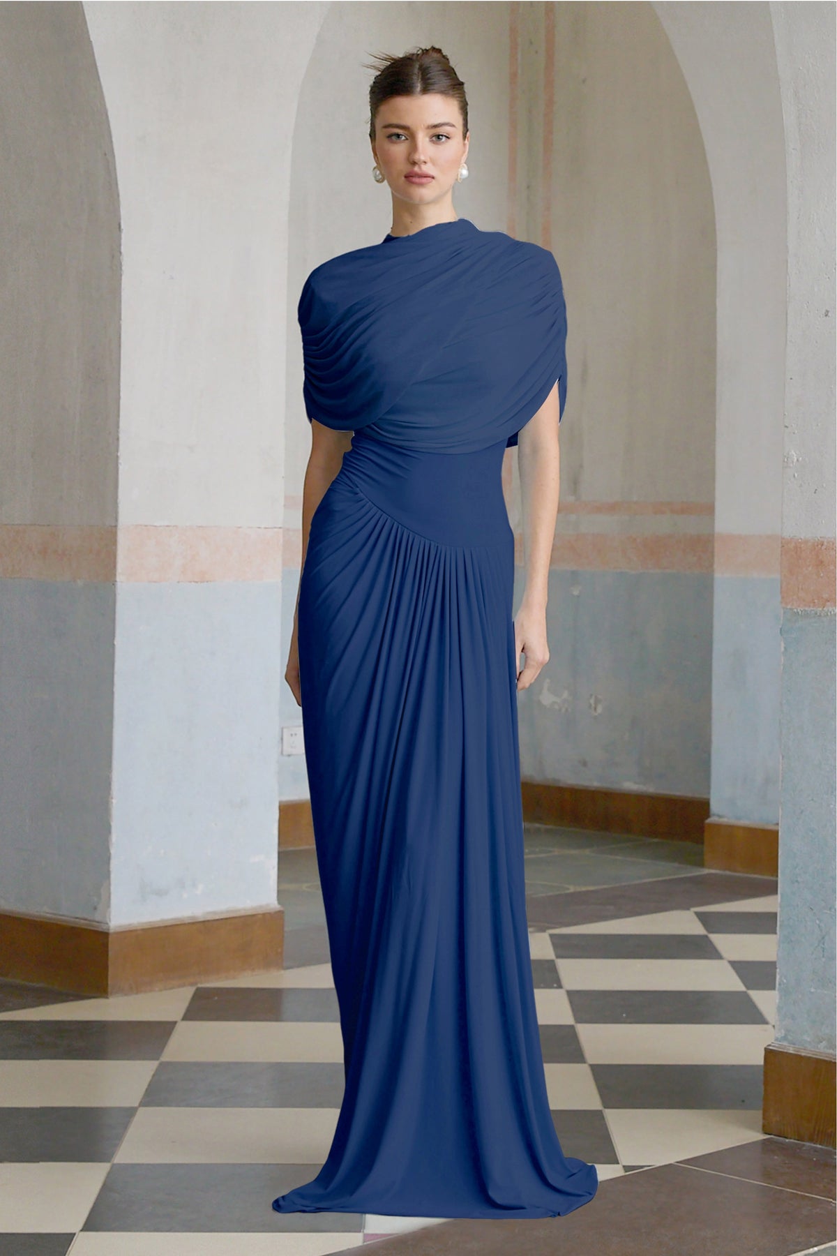 Catherine asymmetrical pleated maxi dress in Navy-blue (Final Sale-US Only)