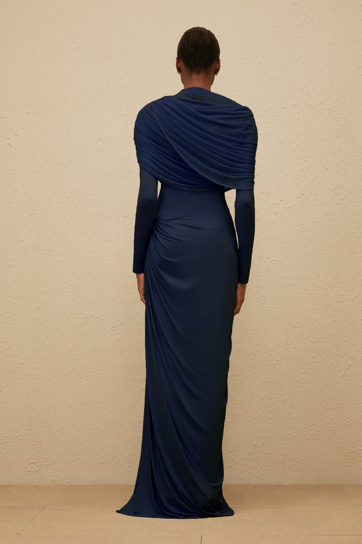 Catherine Navy-Blue Asymmetrical Pleated Long-Sleeve Maxi Dress (Final Sale)
