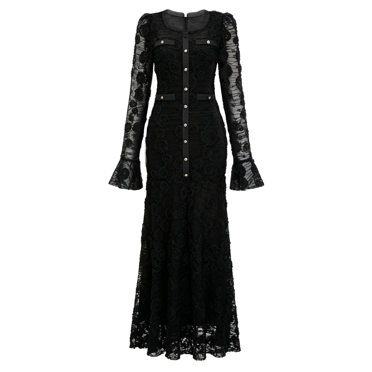 Branwen Black 3D-Floral Embroidered Lace Maxi Dress