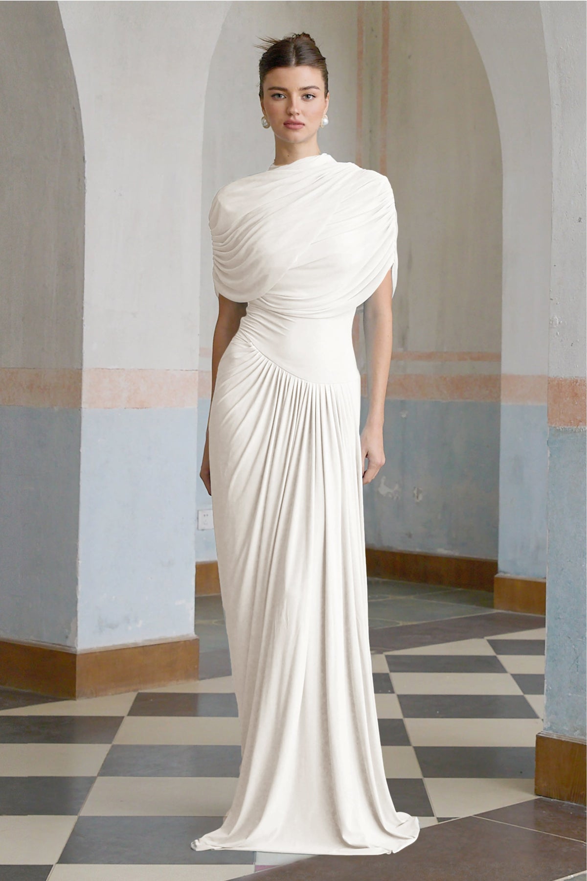 Catherine White Asymmetrical Pleated Maxi Dress (Final Sale-US Only)