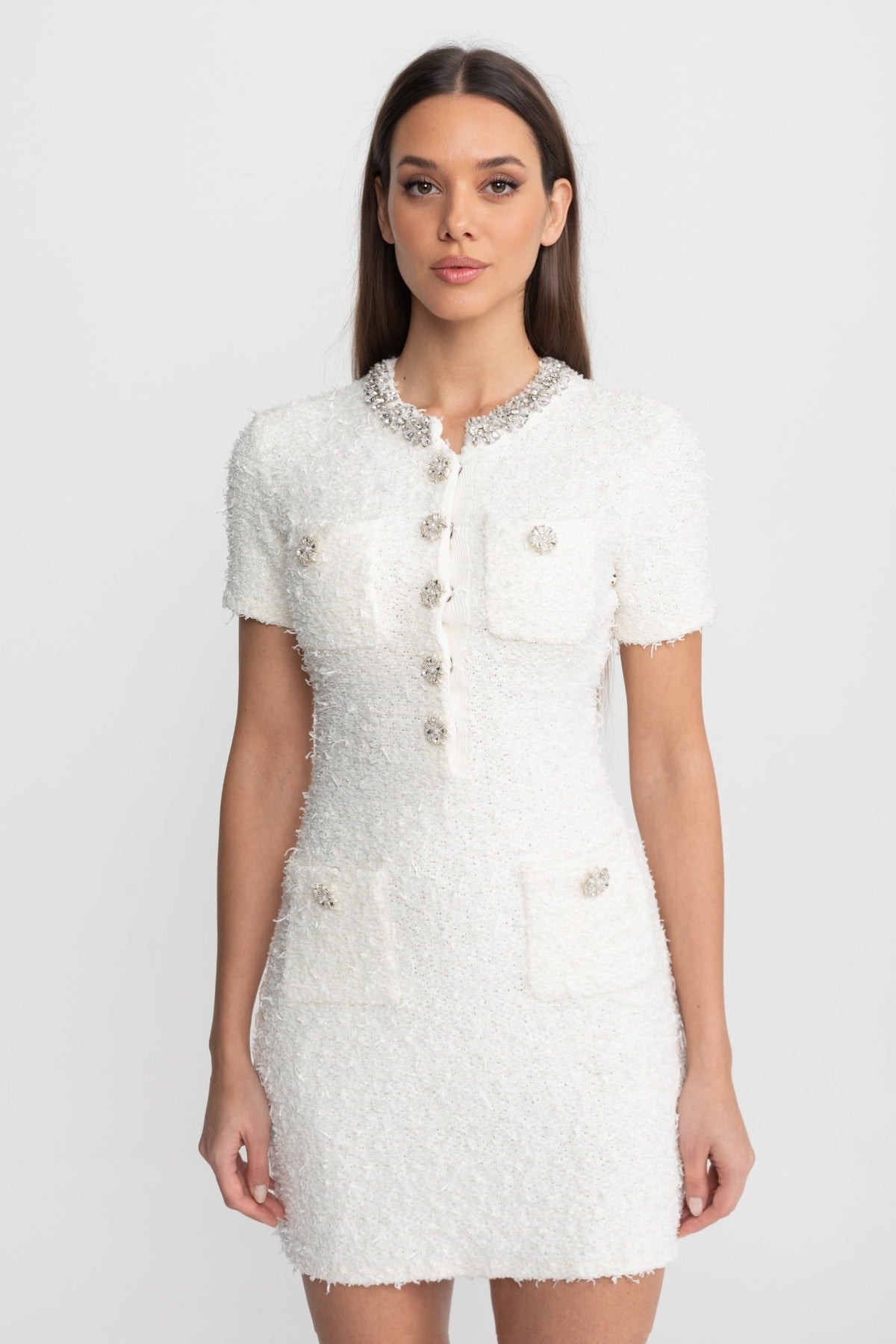 Embellished Tweed Mini Dress with Crystal Button Details – White