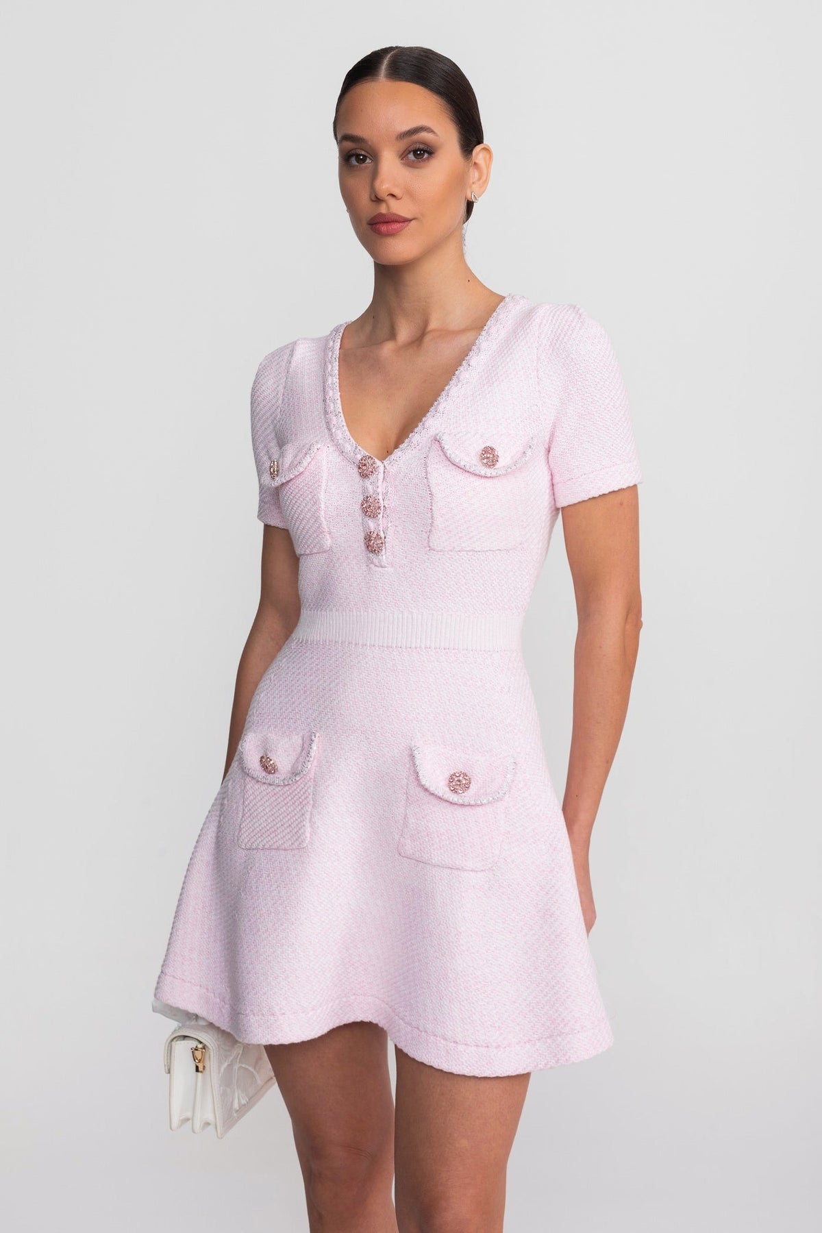 Textured Short Sleeve Mini Dress With V-Neckline And Jewel Buttons - Pink