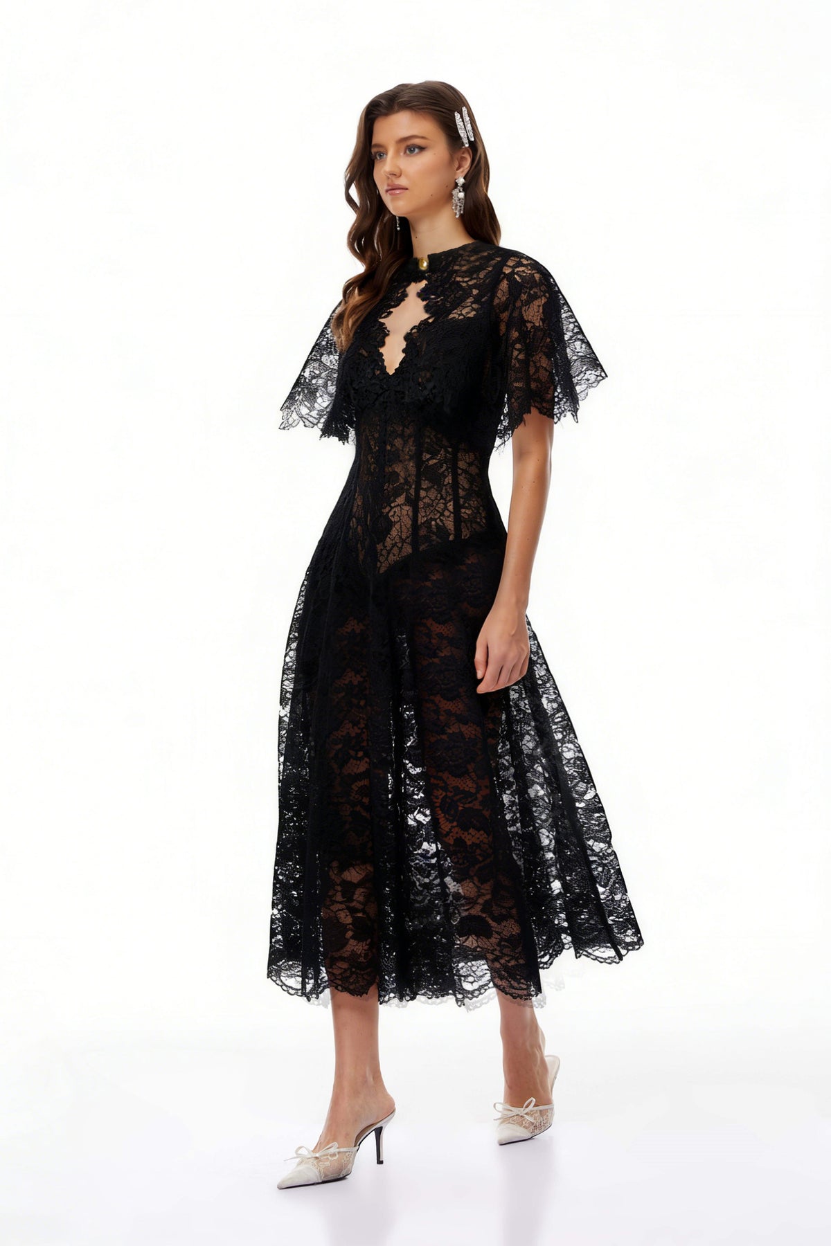 Alaia Black Cape Design Floral Lace Midi Dress (Final Sale-US Only)