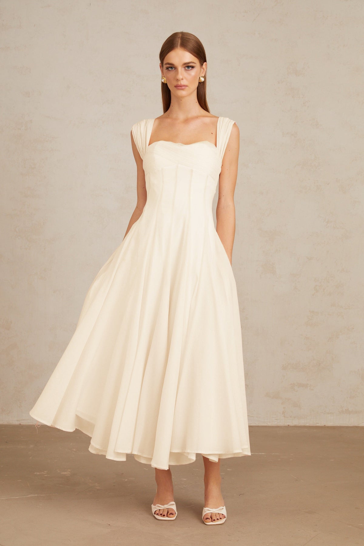 Érasme Cream White Flounced Midi dress