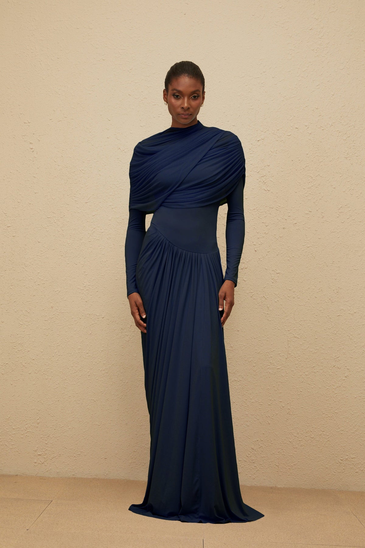 Catherine Navy-Blue Asymmetrical Pleated Long-Sleeve Maxi Dress (Final Sale-US Only)
