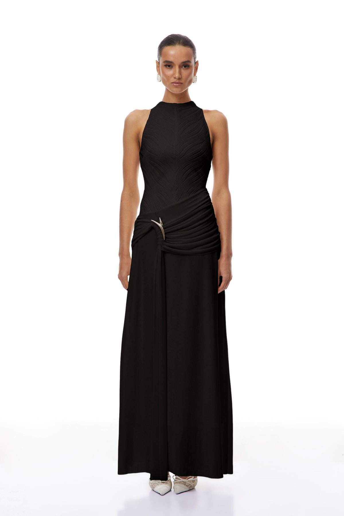 Klara Black Ruched Ribbon Textured Maxi Dress