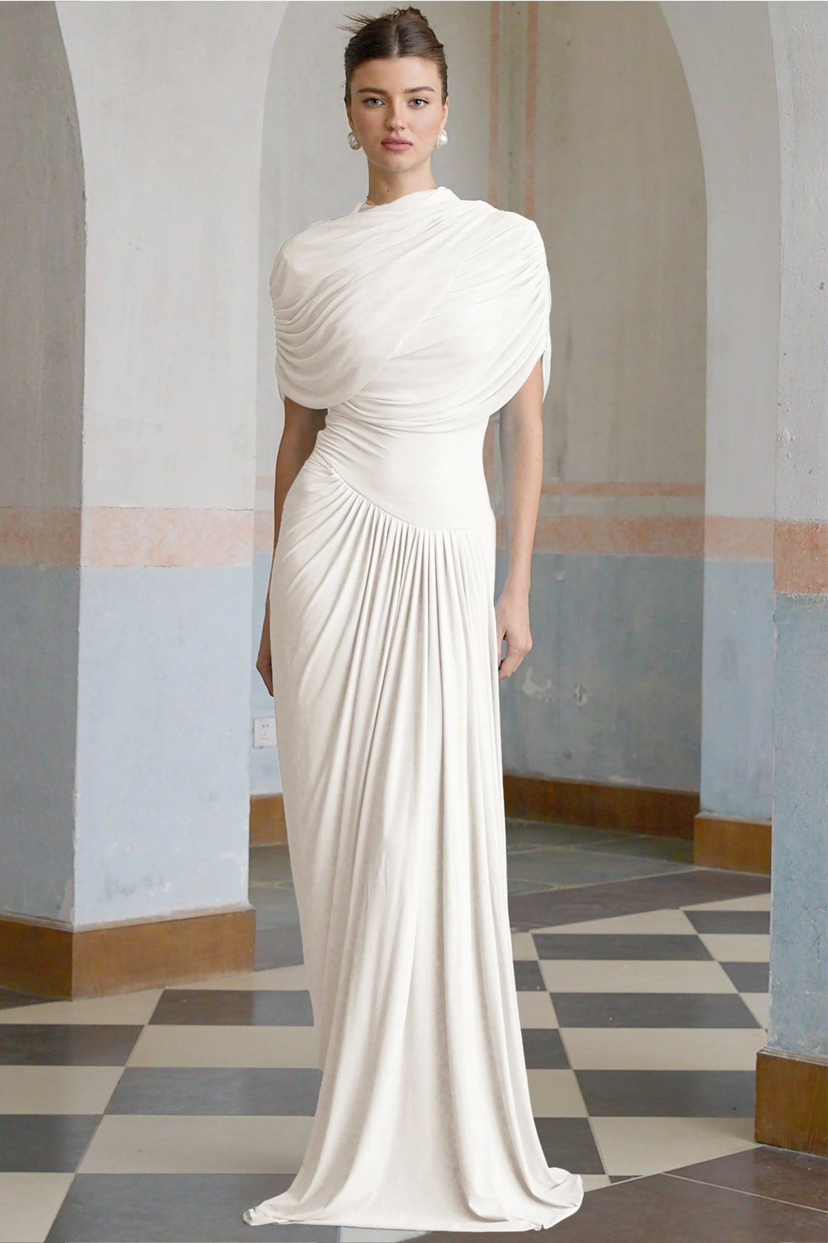 Catherine asymmetrical pleated maxi dress in White