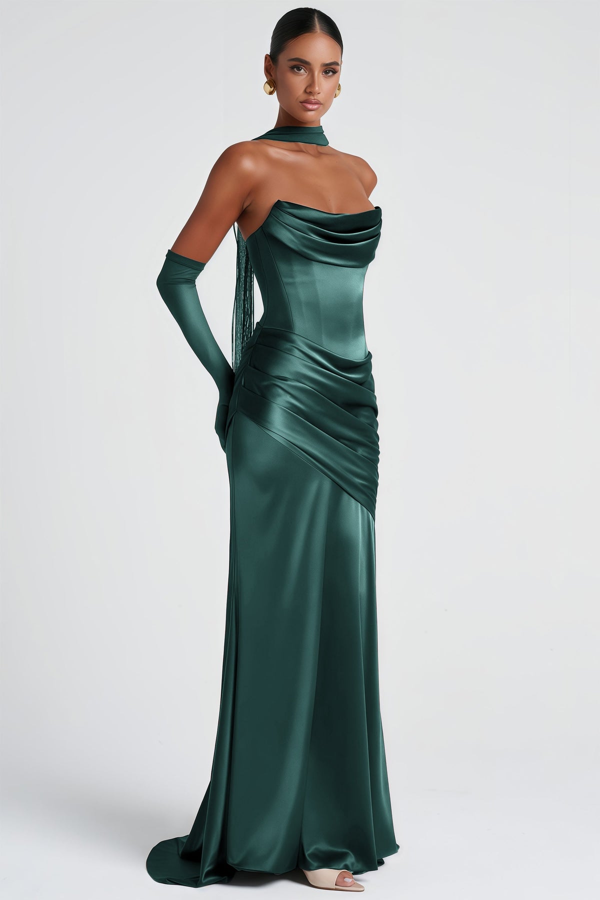 Marilou Green Ruched Satin Maxi Dress (Final Sale-US Only)