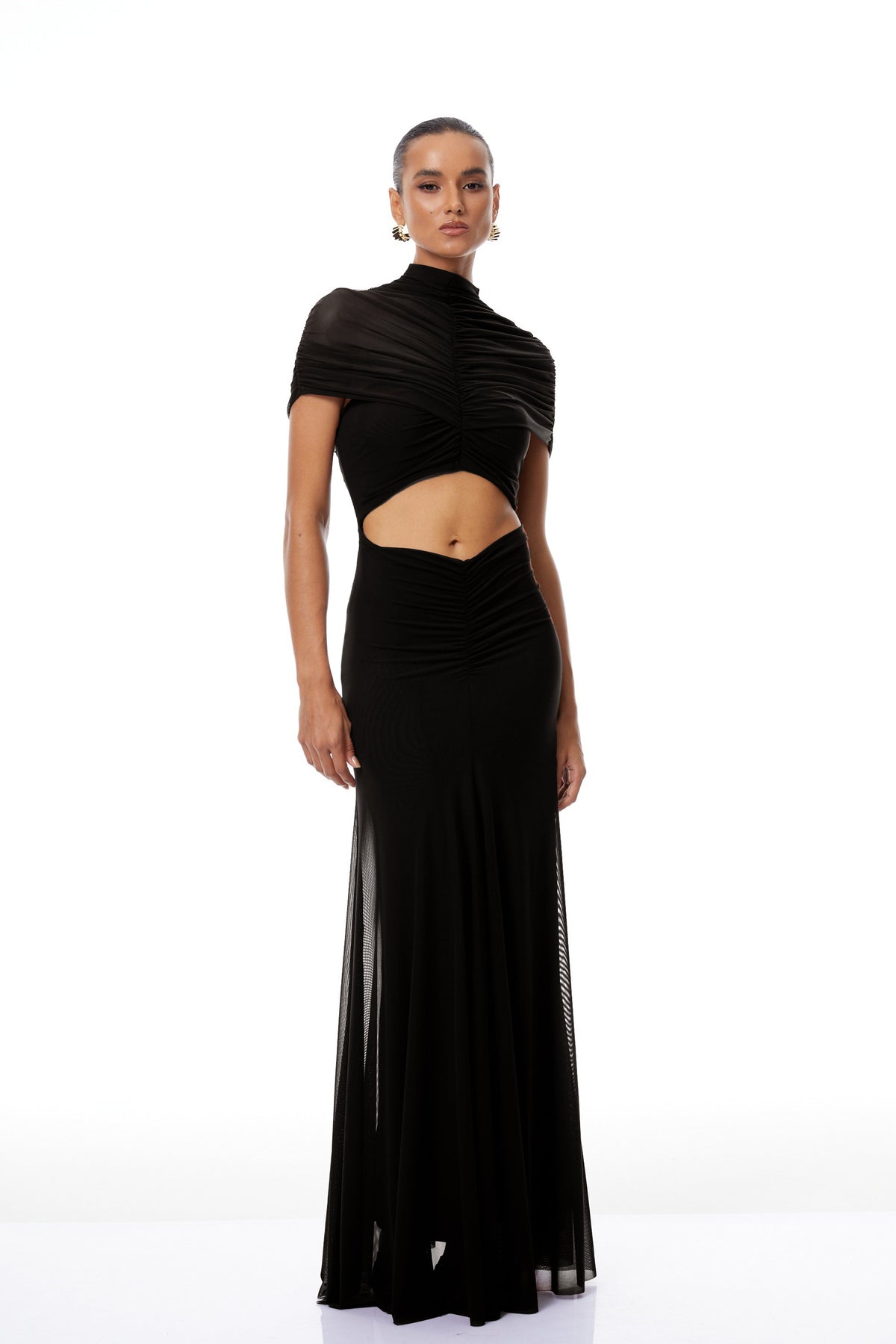 Bruna Cut-Out Ruched Mesh Maxi Dress