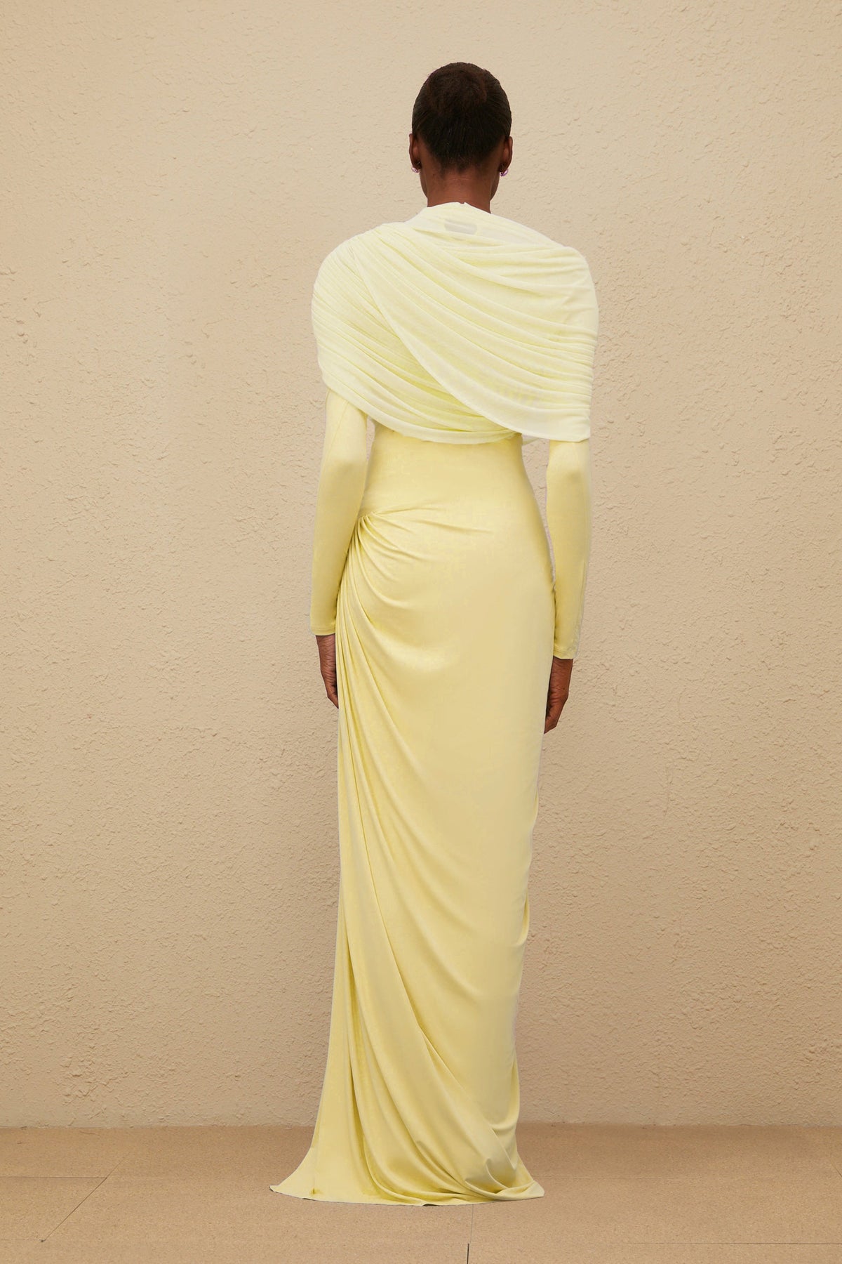 Catherine Yellow Asymmetrical Pleated Long-Sleeve Maxi Dress (Final Sale)