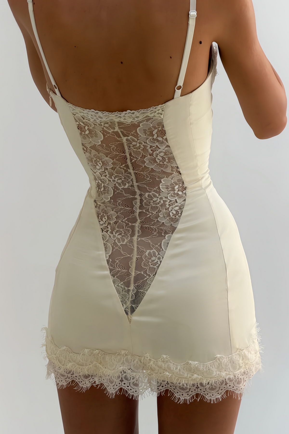Juliette White Satin Mini Dress with Lace Panels