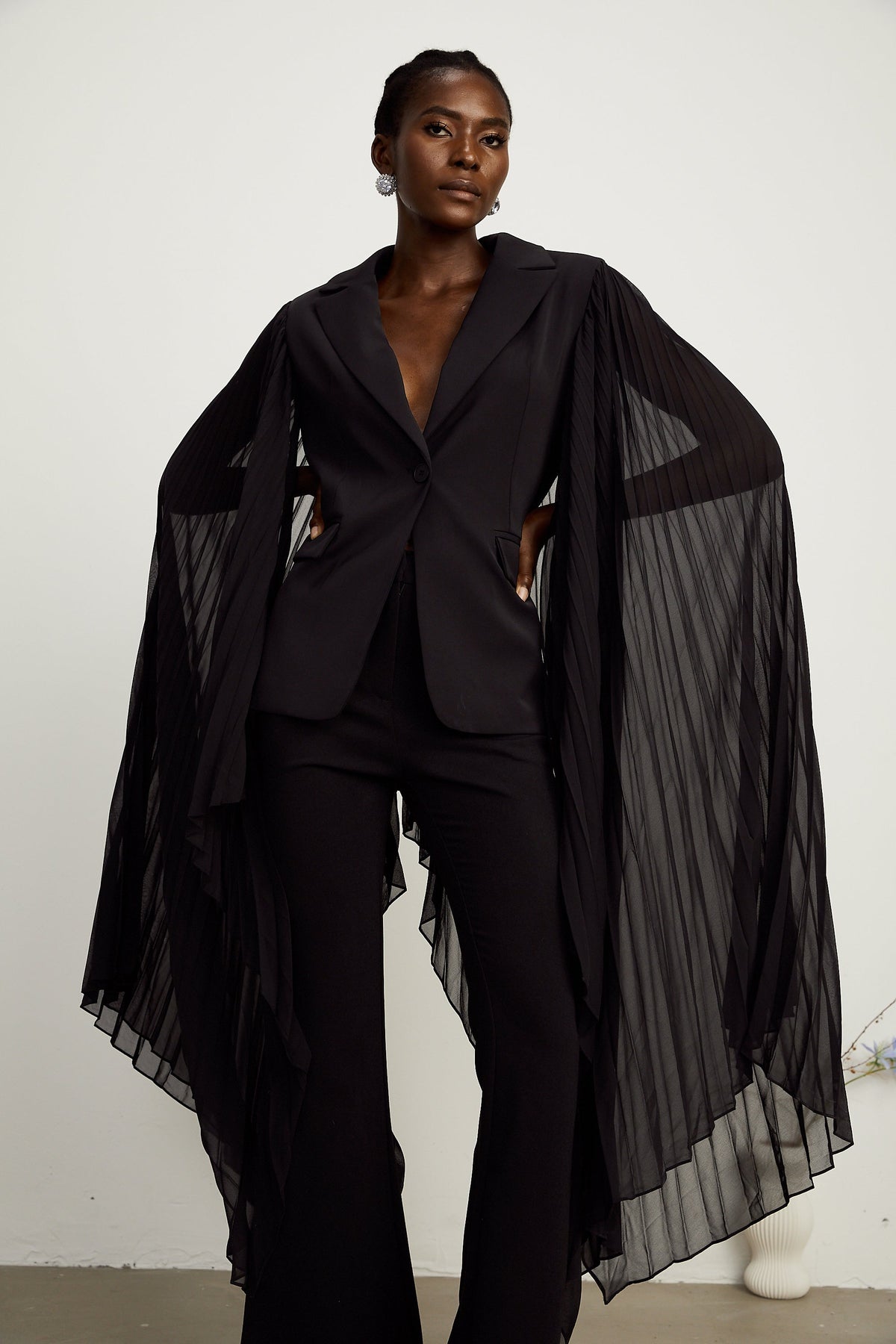 Justine black tulle-panel flared-sleeve blazer (Final Sale-US Only)