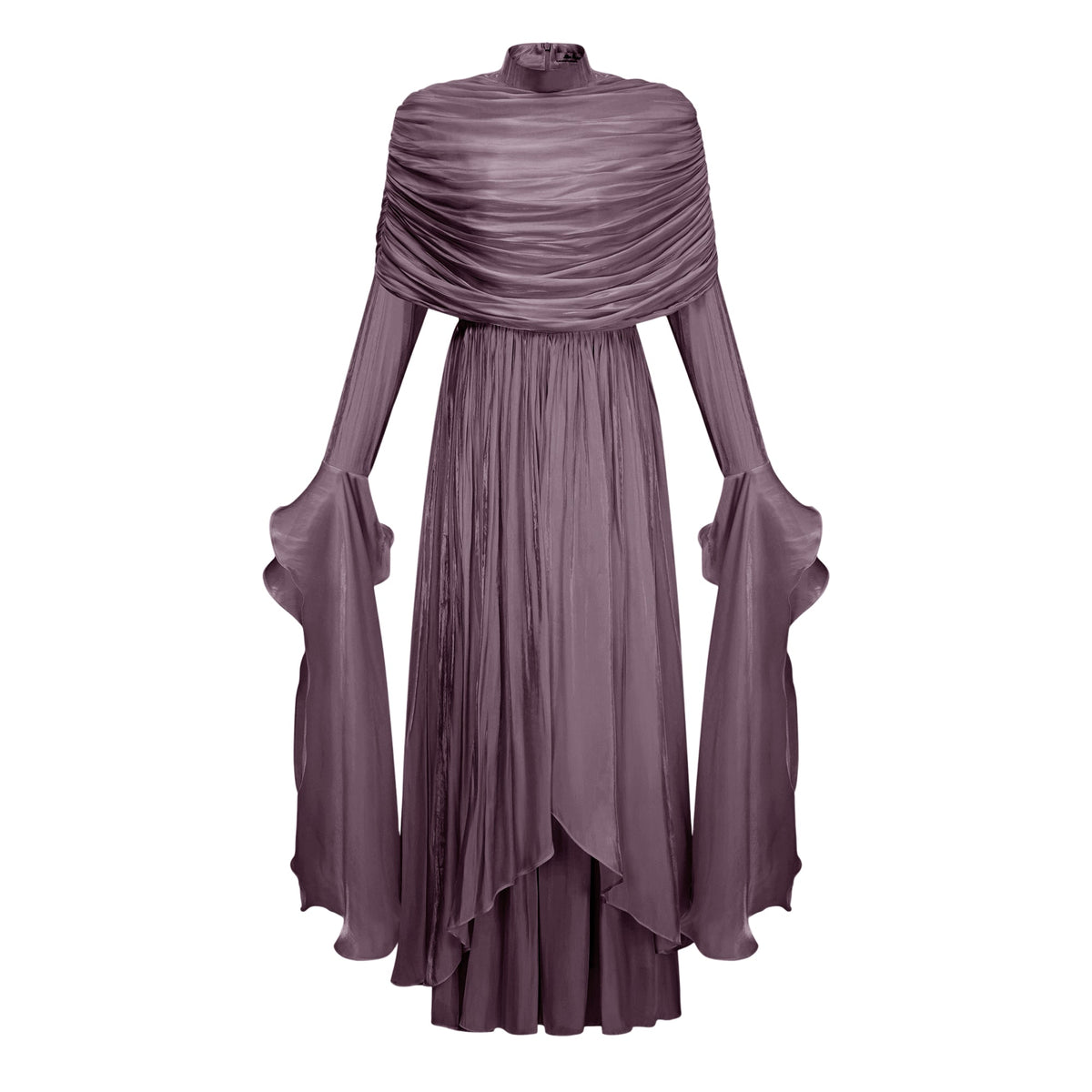 Gustave Purple Ruched Cape Ruffled Maxi Dress