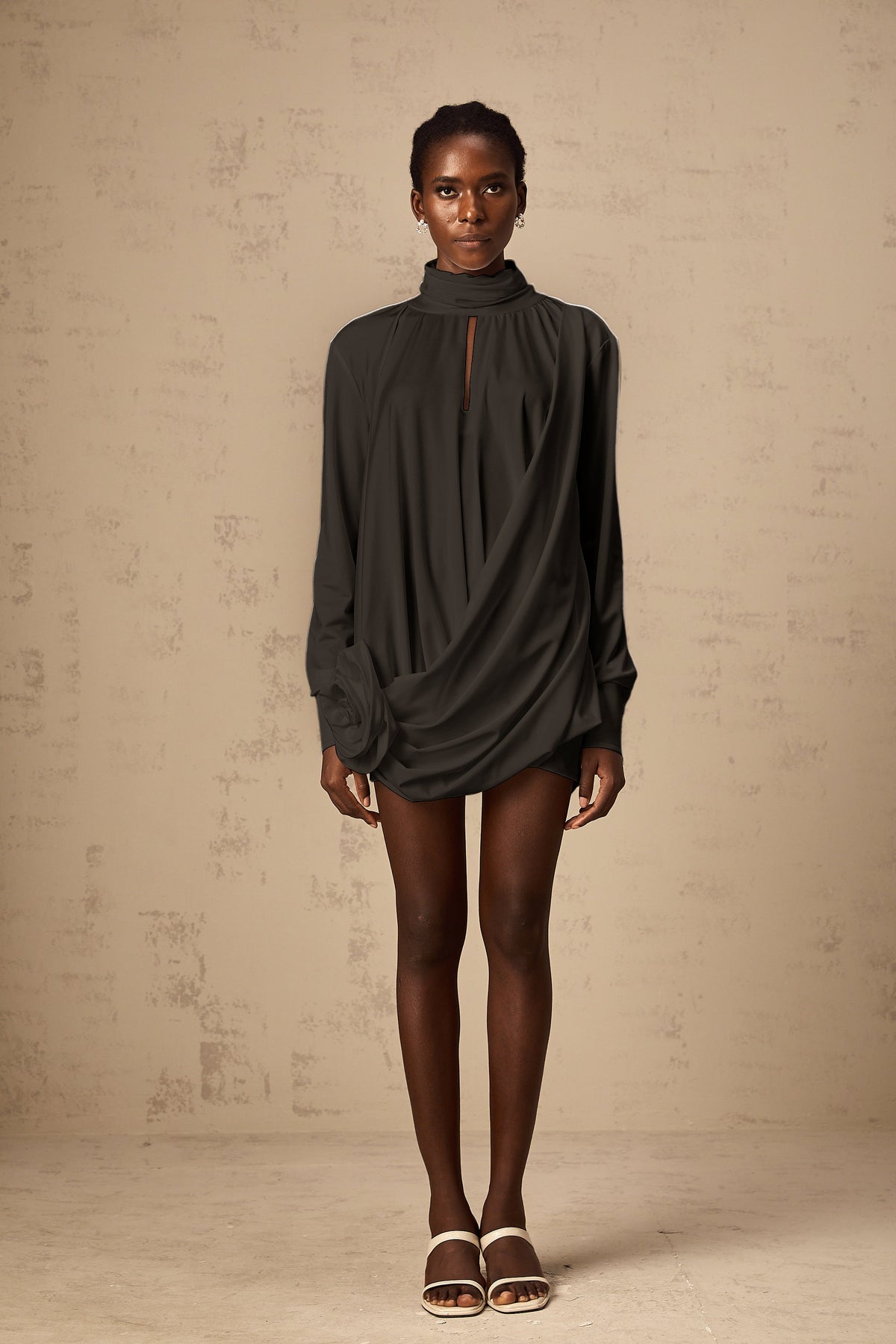 Maeva faux-flower ruched mini dress in Black (Final Sale)