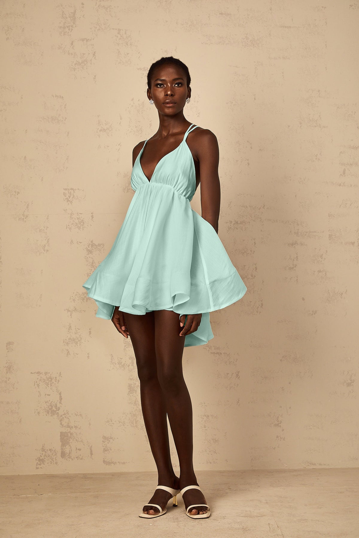 Quincie Green Shirred Flounced Mini Dress (Final Sale)