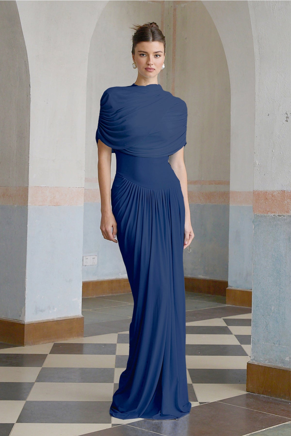 Catherine asymmetrical pleated maxi dress in Navy-blue (Final Sale-US Only)