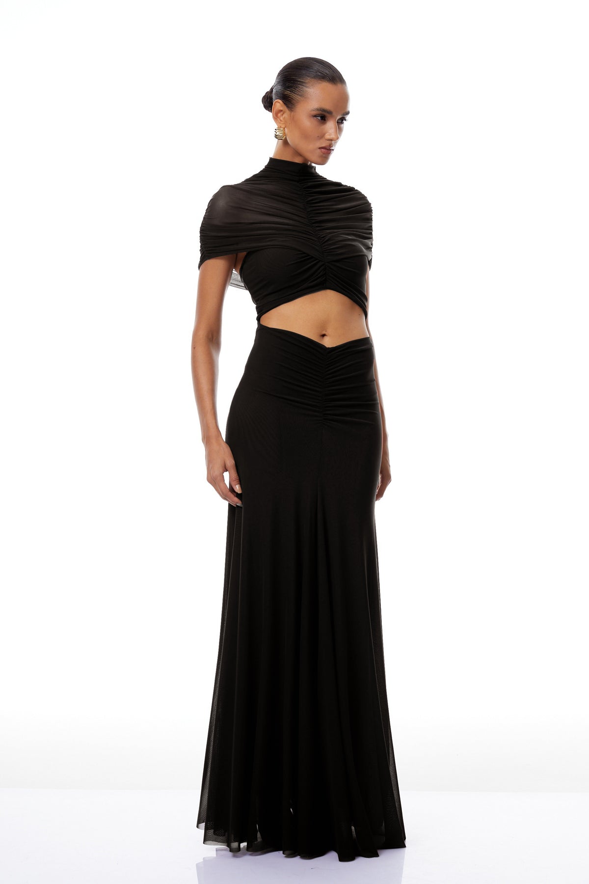 Bruna Cut-Out Ruched Mesh Maxi Dress