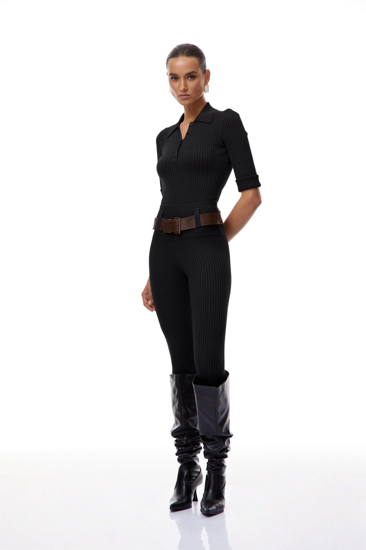Claire Black Ribbed Knit Bodysuit & Trousers Set (Final Sale)