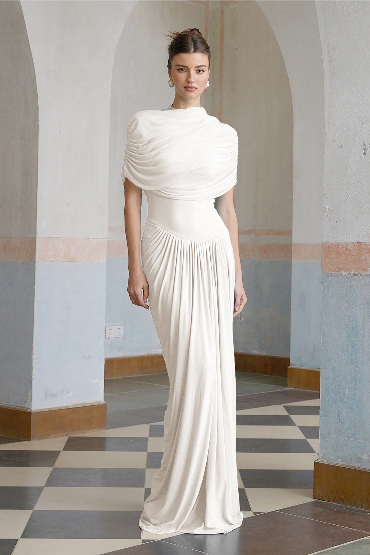 Catherine asymmetrical pleated maxi dress in White