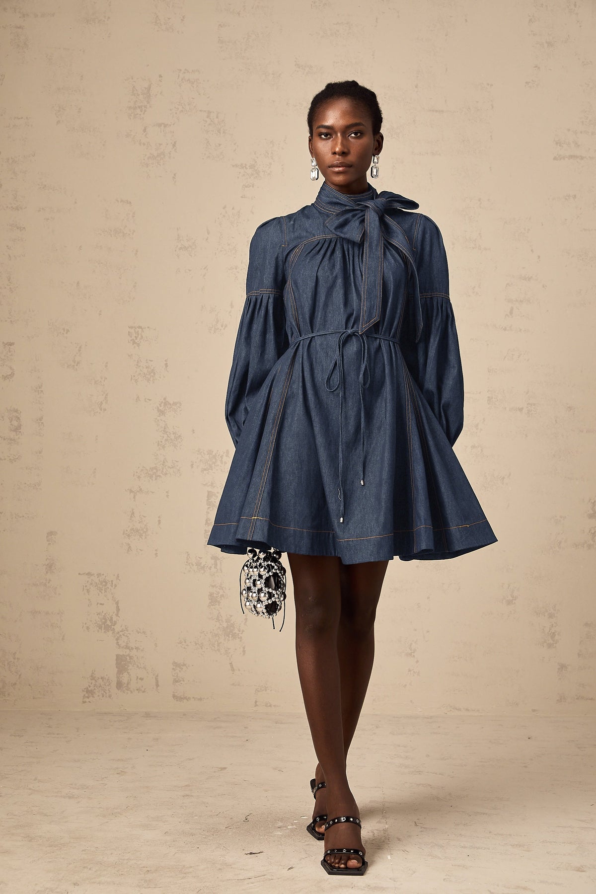 Mirabel dark-blue contrast-stitch denim mini dress
