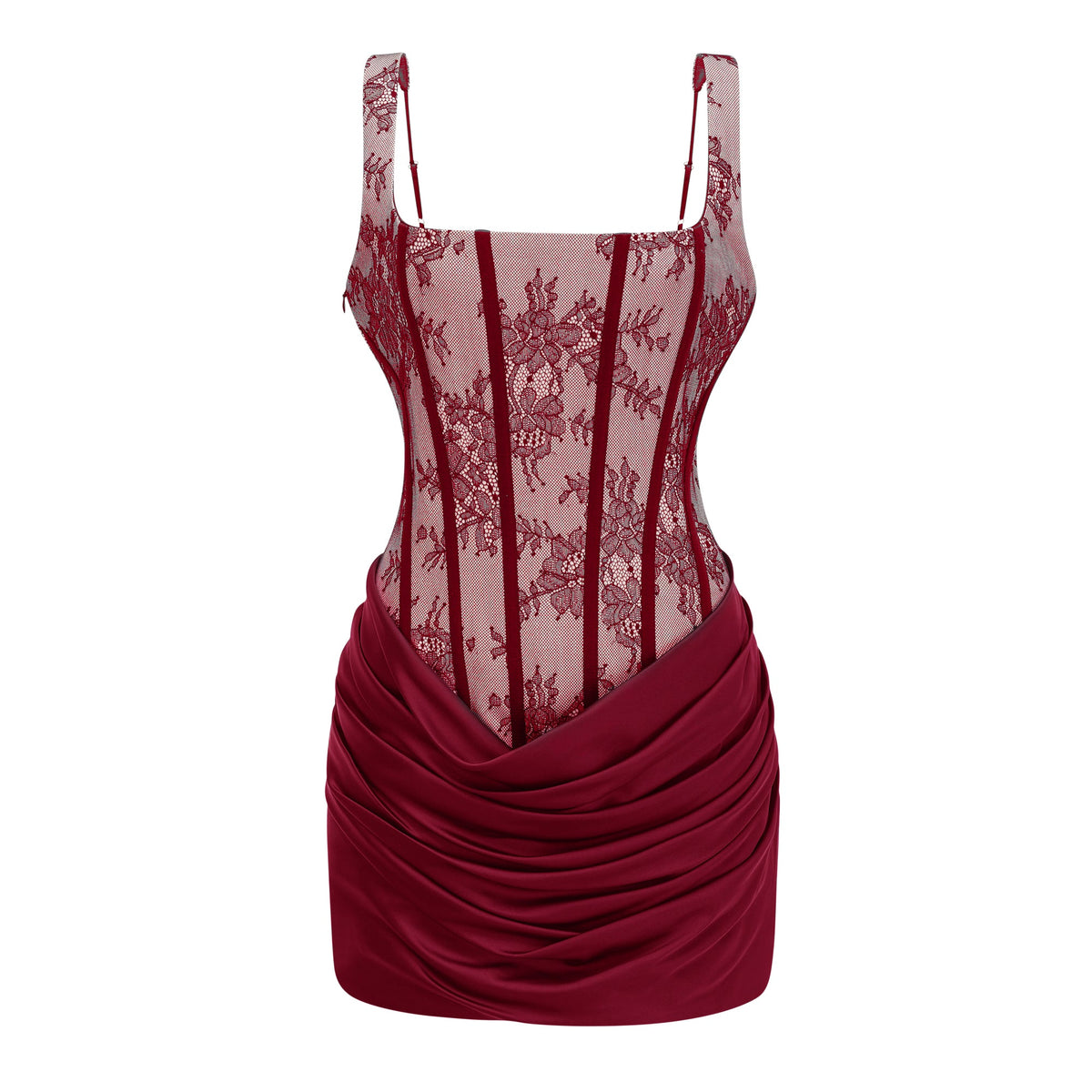 Olesya Red Ruched Mini Dress with Lace Panels