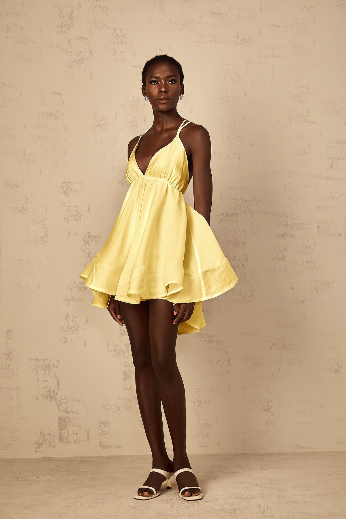 Quincie Yellow Shirred Flounced Mini Dress (Final Sale-US Only)