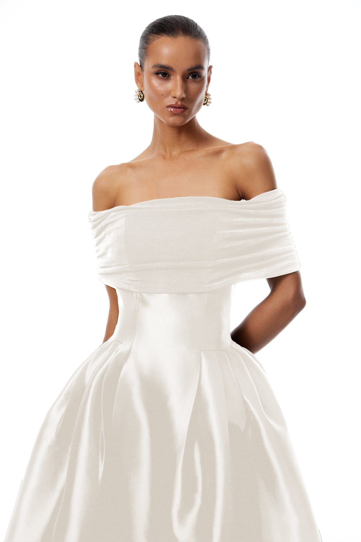 Ainara White Off Shoulder Polished Midi Dress