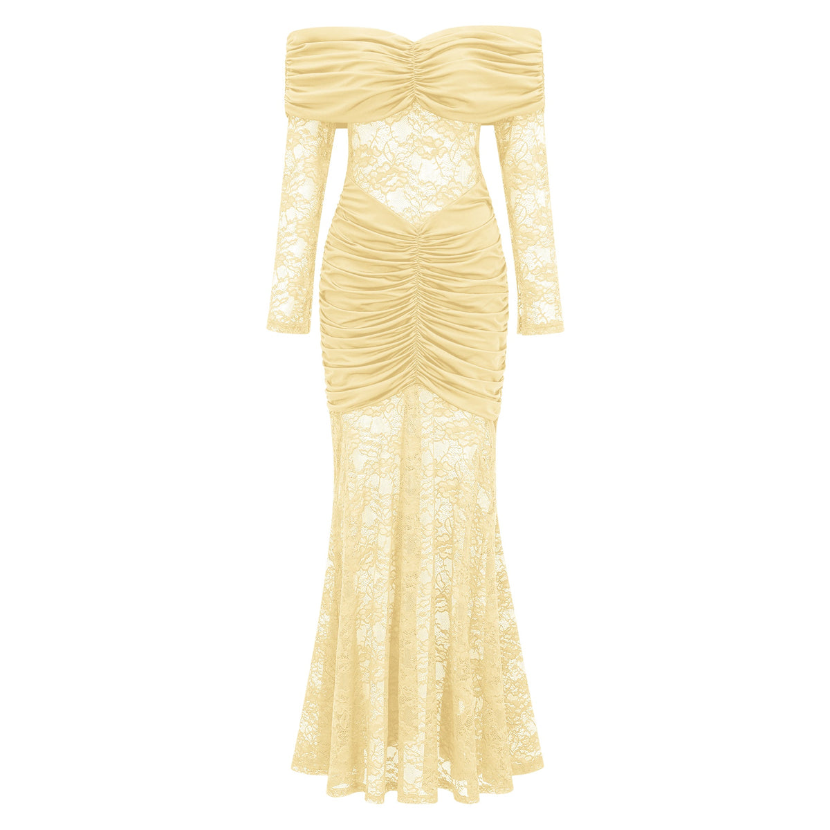 Brigitte Yellow Lace Panel Ruched Maxi Dress (Final Sale-US Only)