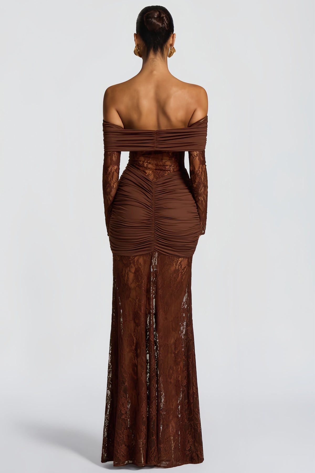 Brigitte Brown Lace Panel Ruched Maxi Dress (Final Sale-US Only)