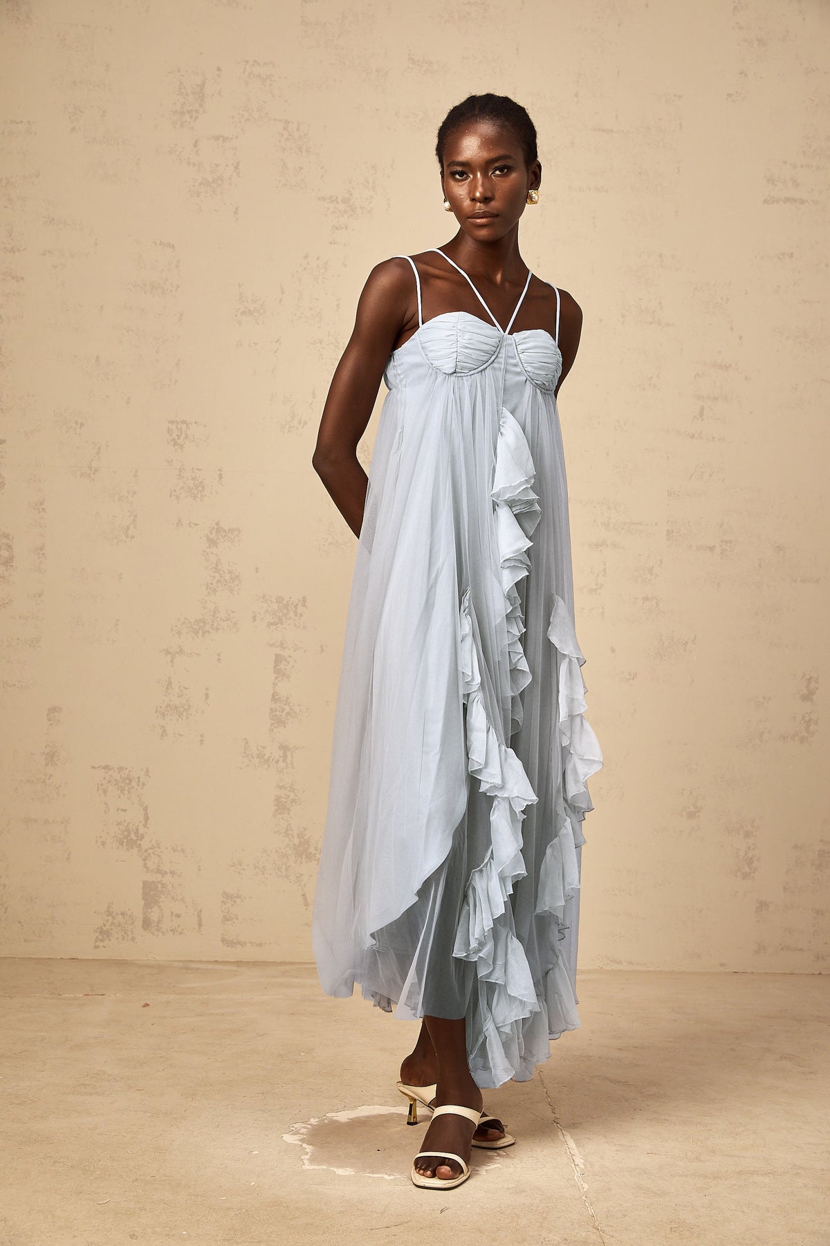 Colette layered ruffled tulle maxi dress in Blue
