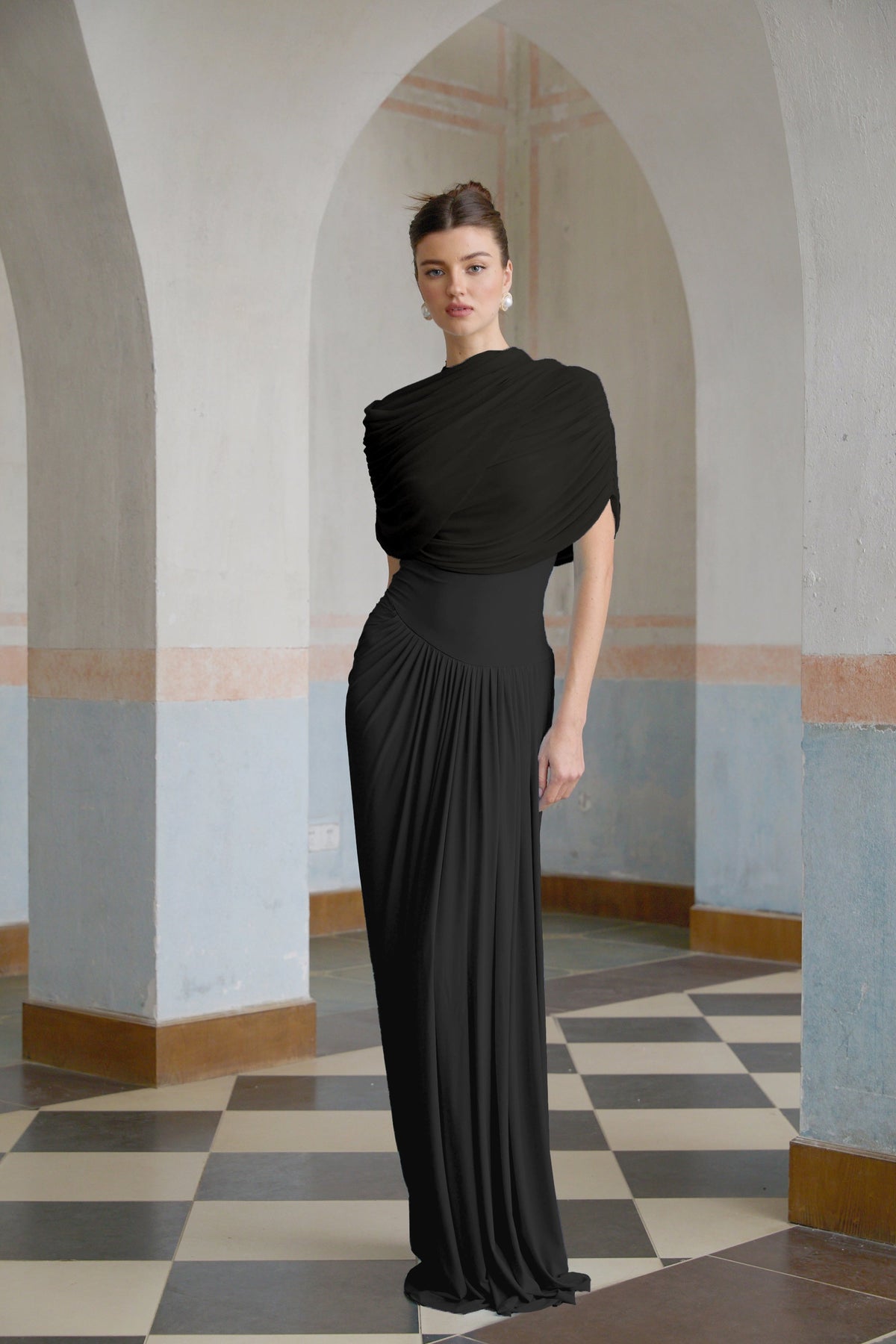 Catherine asymmetrical pleated maxi dress in Black