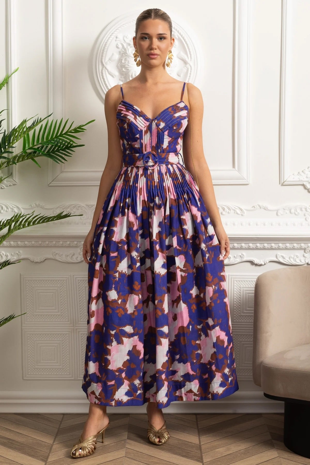 Pleated Bust Belted Midi Dress with Spaghetti Straps - Purple