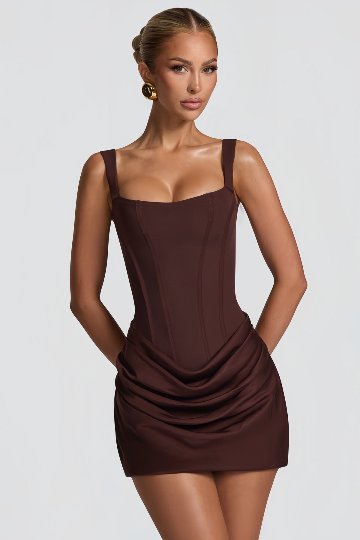 Paulette Brown Ruched Bodycon Mini Dress