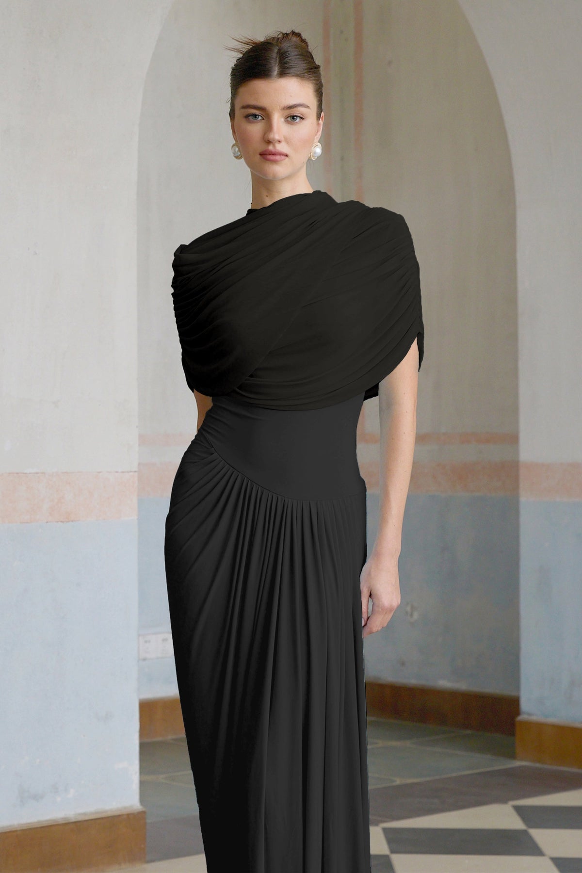 Catherine Black Asymmetrical Pleated Maxi Dress (Final Sale-US Only)