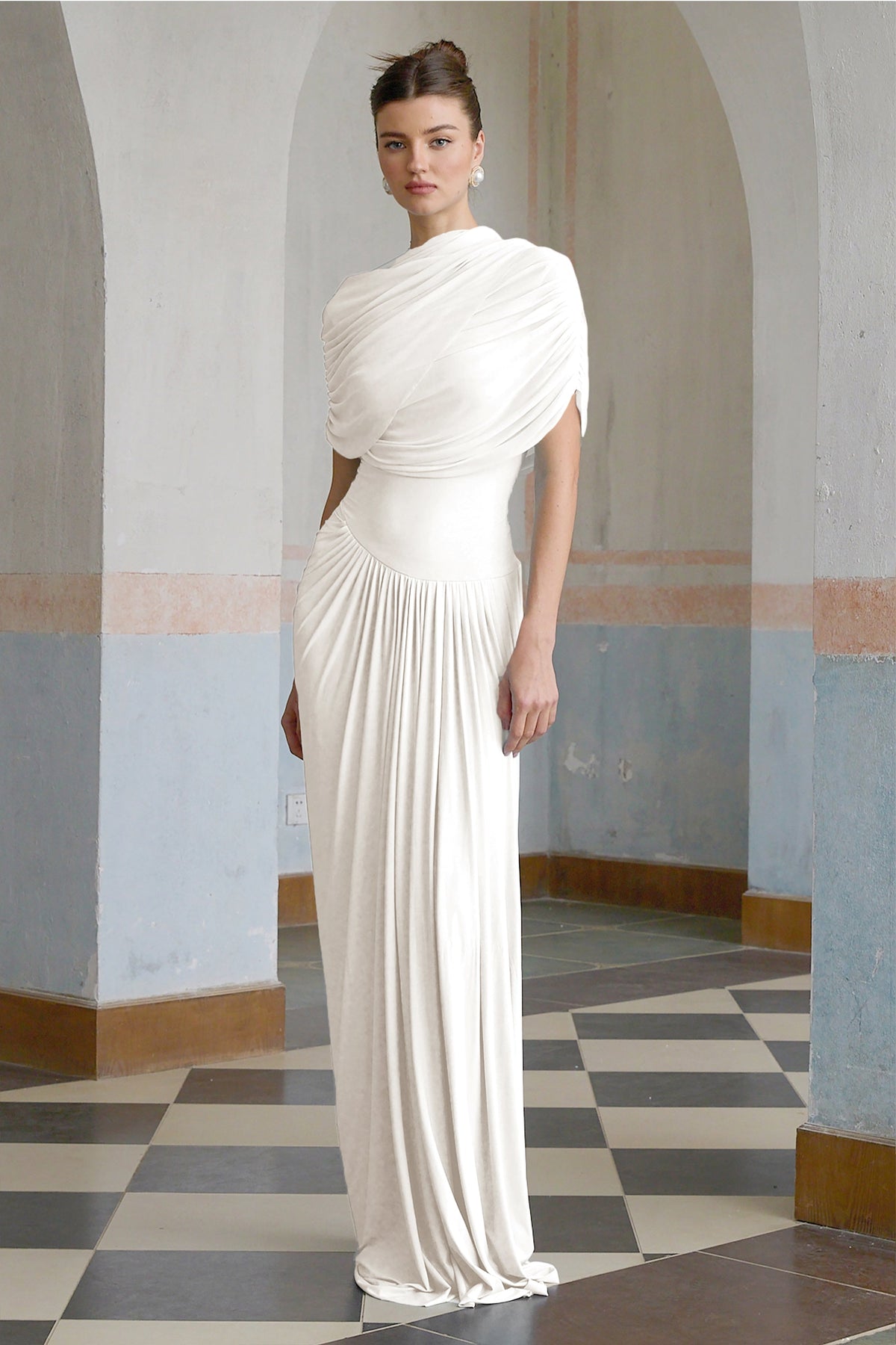 Catherine asymmetrical pleated maxi dress in White