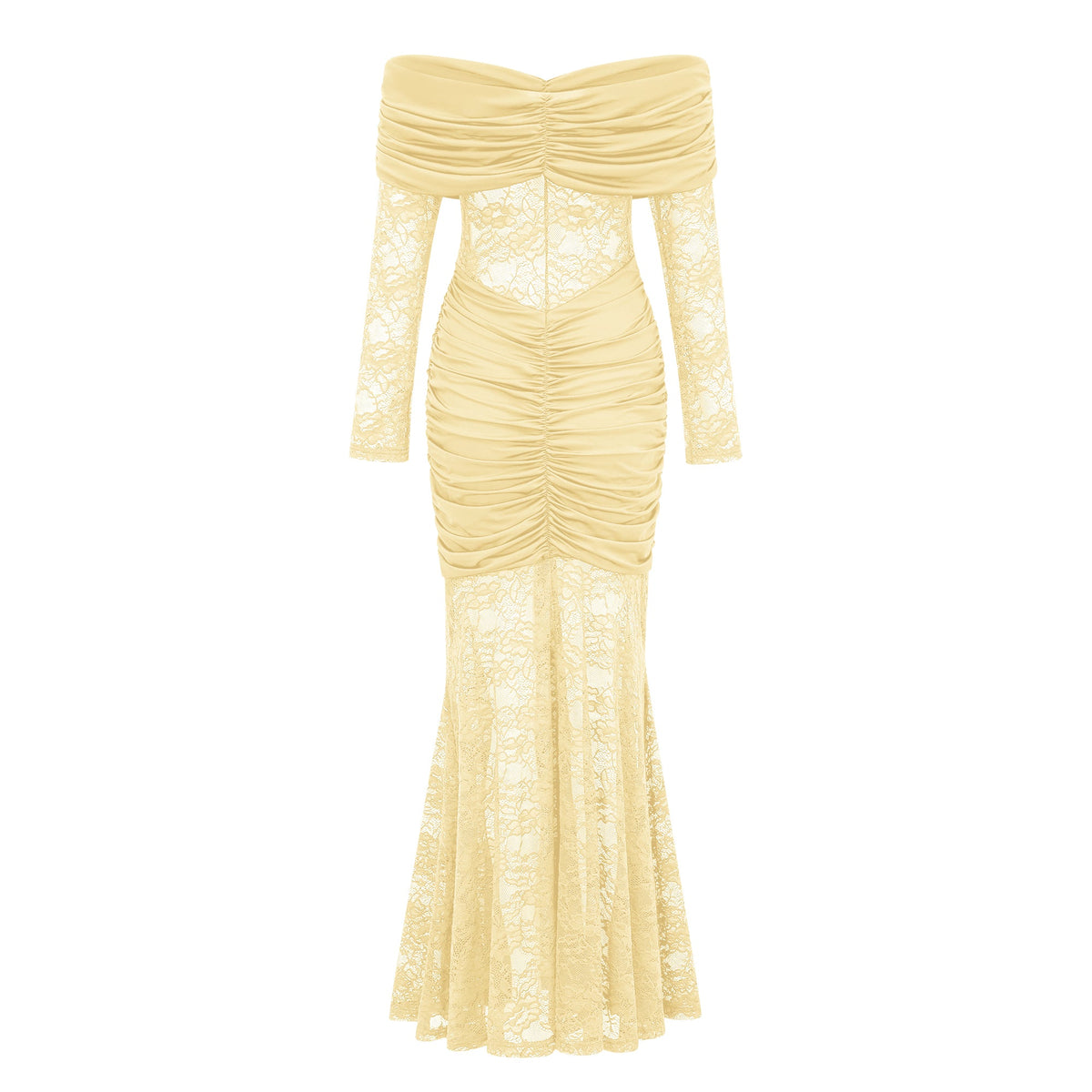 Brigitte Yellow Lace Panel Ruched Maxi Dress (Final Sale-US Only)