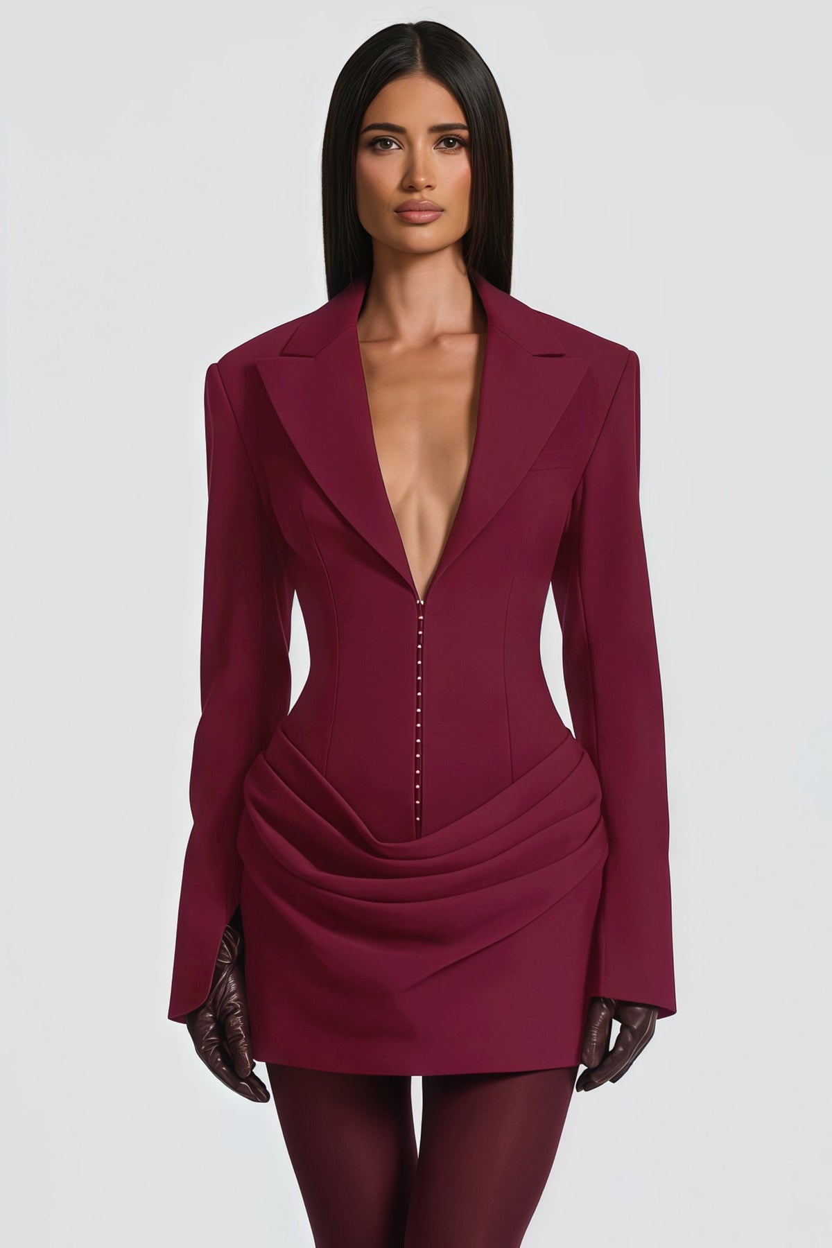 Rosette Burgundy Ruched Blazer Mini Dress (Final Sale)
