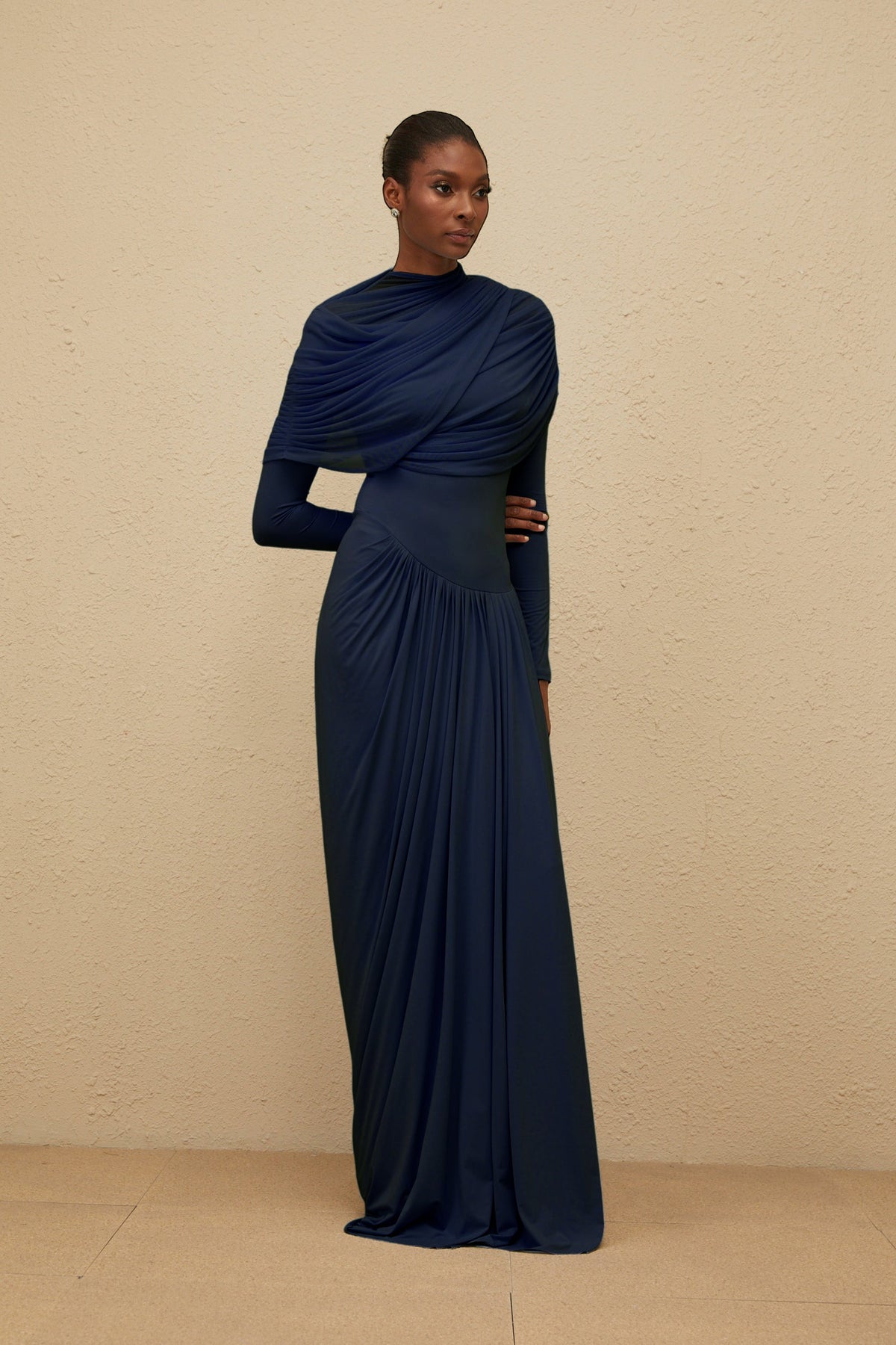 Catherine Navy-Blue Asymmetrical Pleated Long-Sleeve Maxi Dress (Final Sale-US Only)
