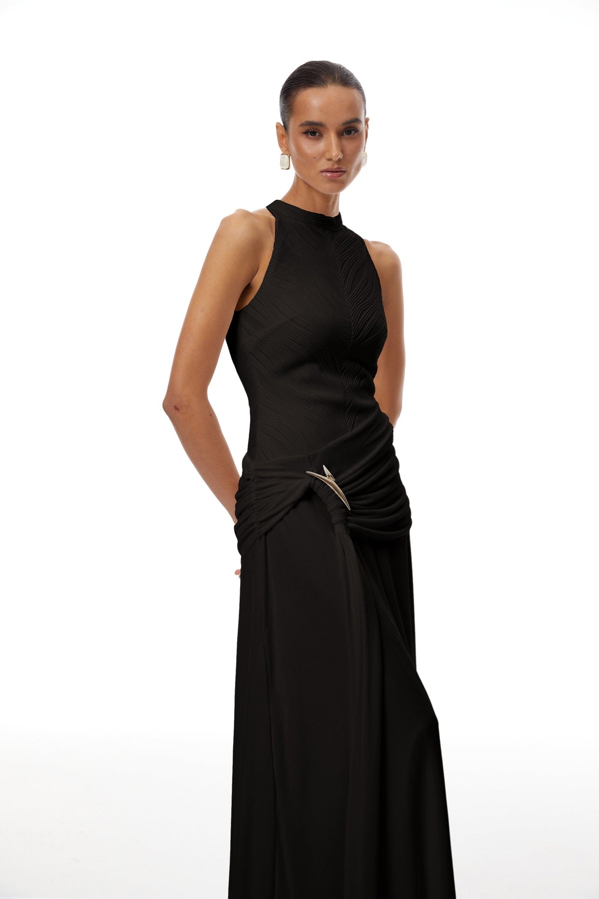 Klara Black Ruched Ribbon Textured Maxi Dress
