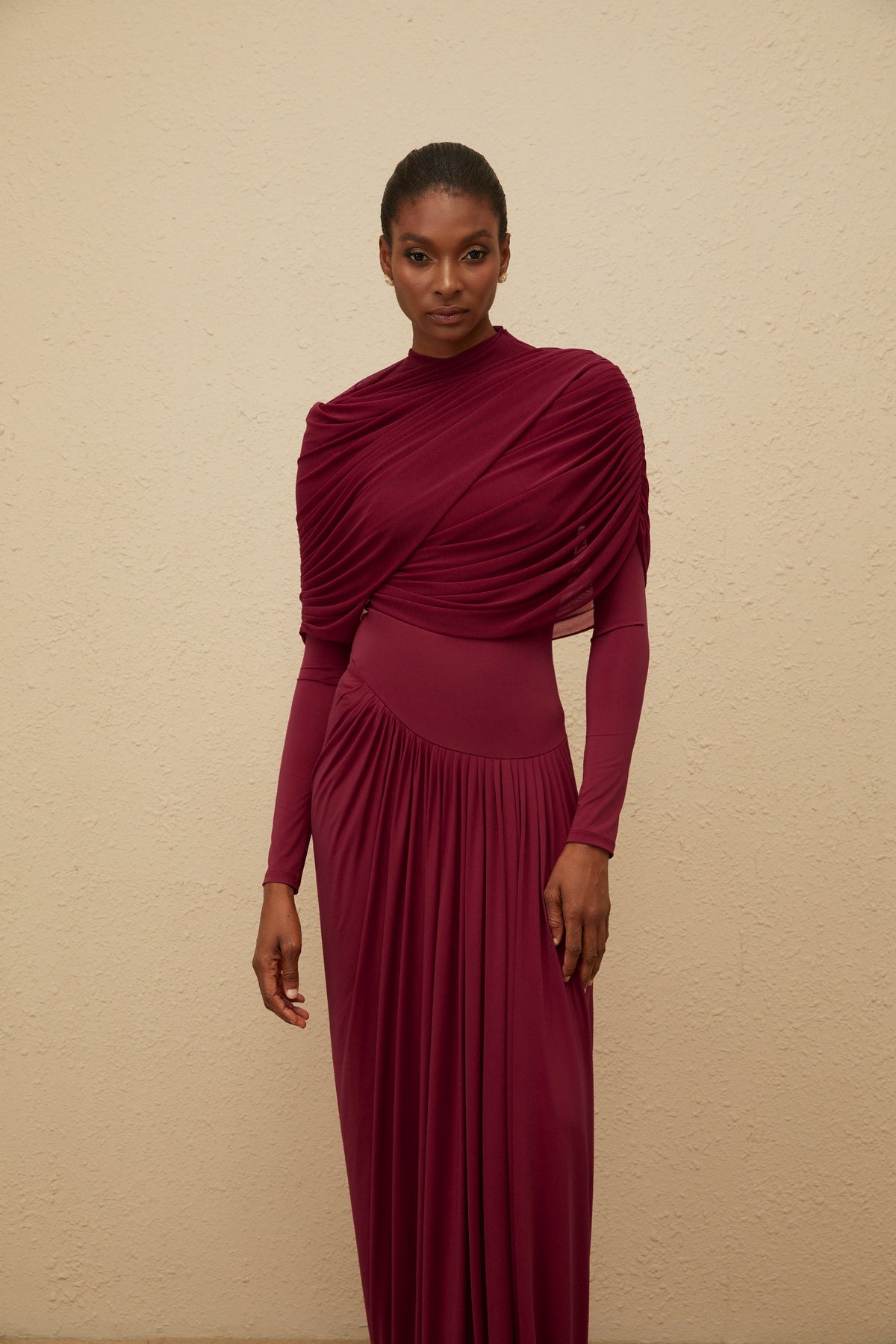 Catherine Red Asymmetrical Pleated Long-Sleeve Maxi Dress (Final Sale-US Only)