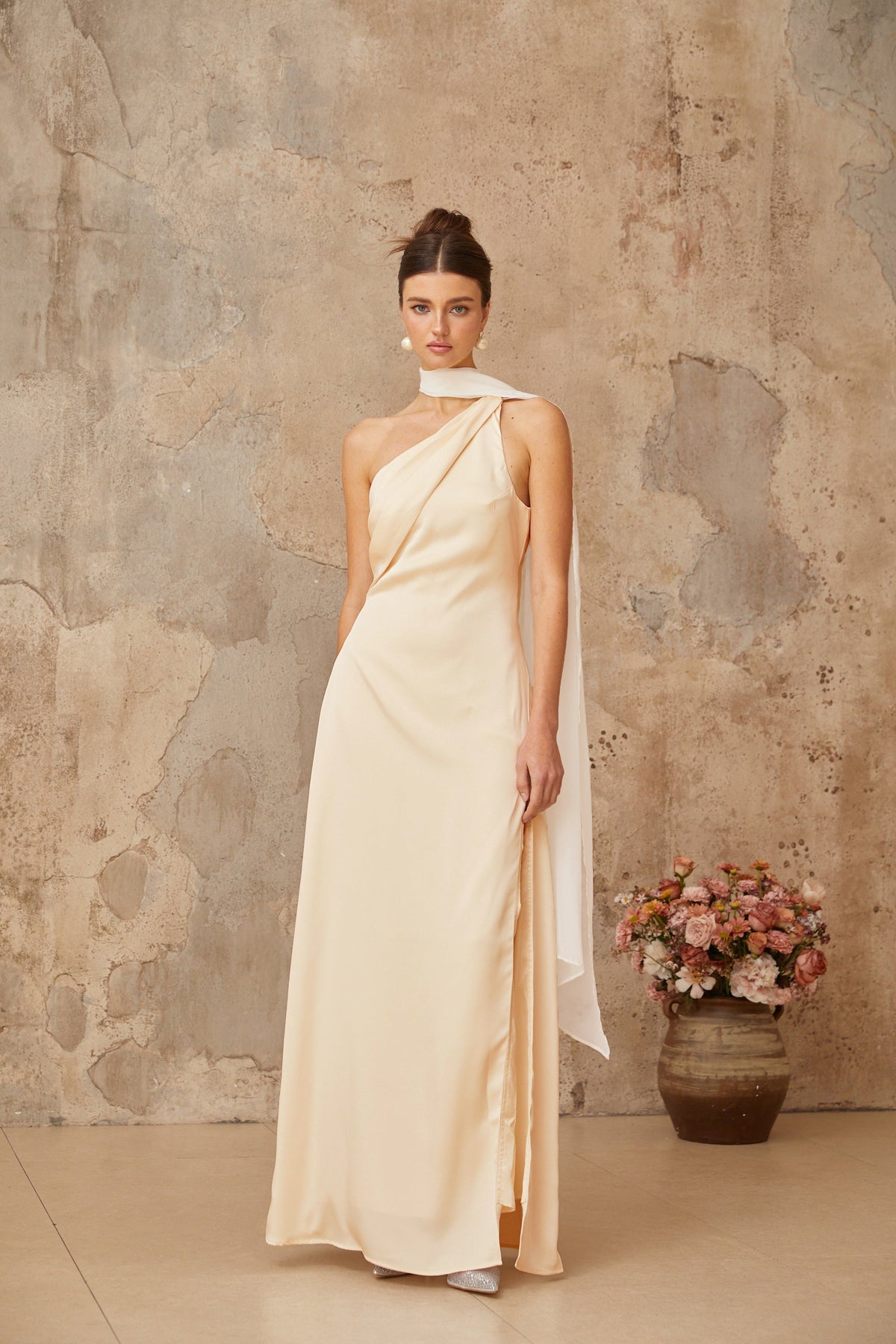Thérèse neutral scarf-design satin maxi dress (Final Sale-US Only)