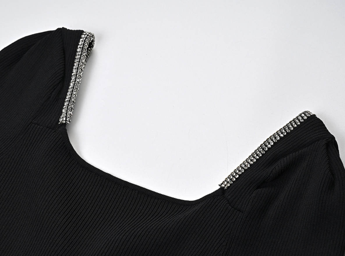 CELINE CRYSTAL-TRIMMED KNIT MIDI DRESS - BLACK