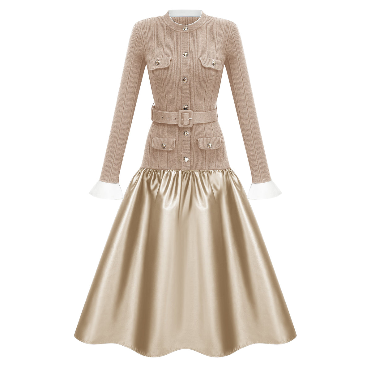 Fern Gold Satin Panel Knit Midi Dress