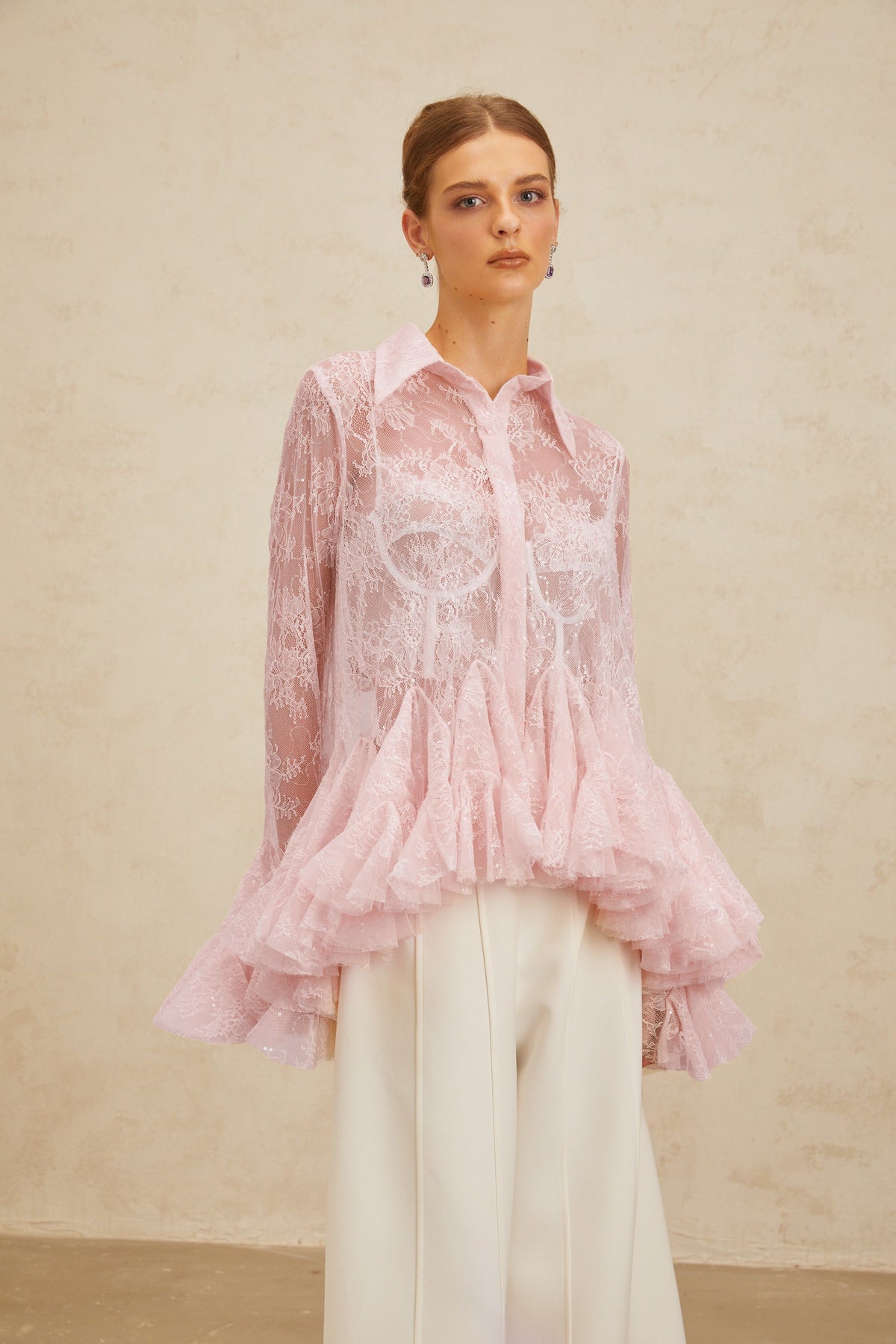 Ingrid Pink Peplum Floral Lace Blouse