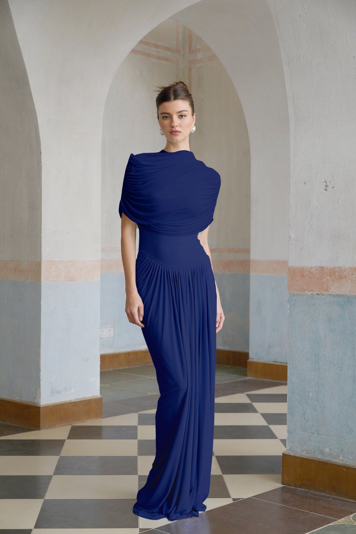 Catherine asymmetrical pleated maxi dress in Navy-blue